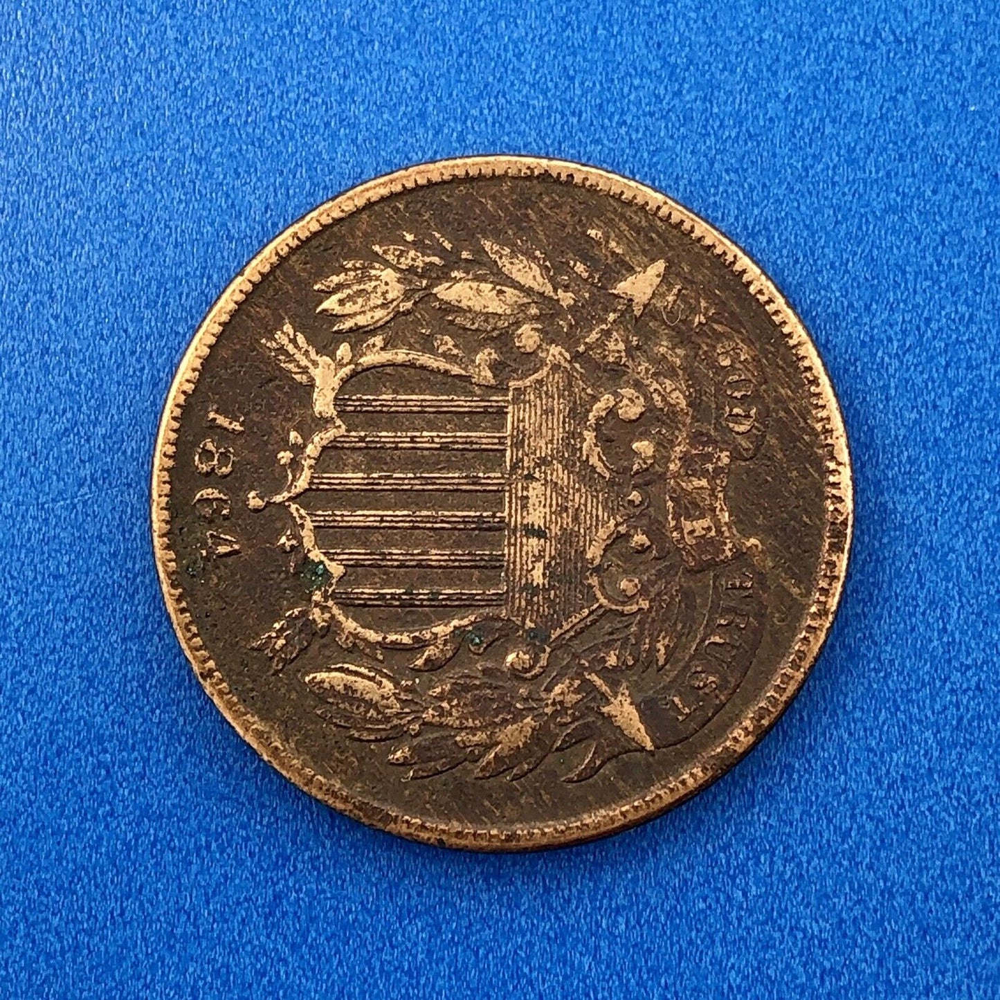 1864 P Bronze Two-Cent Piece Union Shield Large Motto Philadelphia Mint Coin