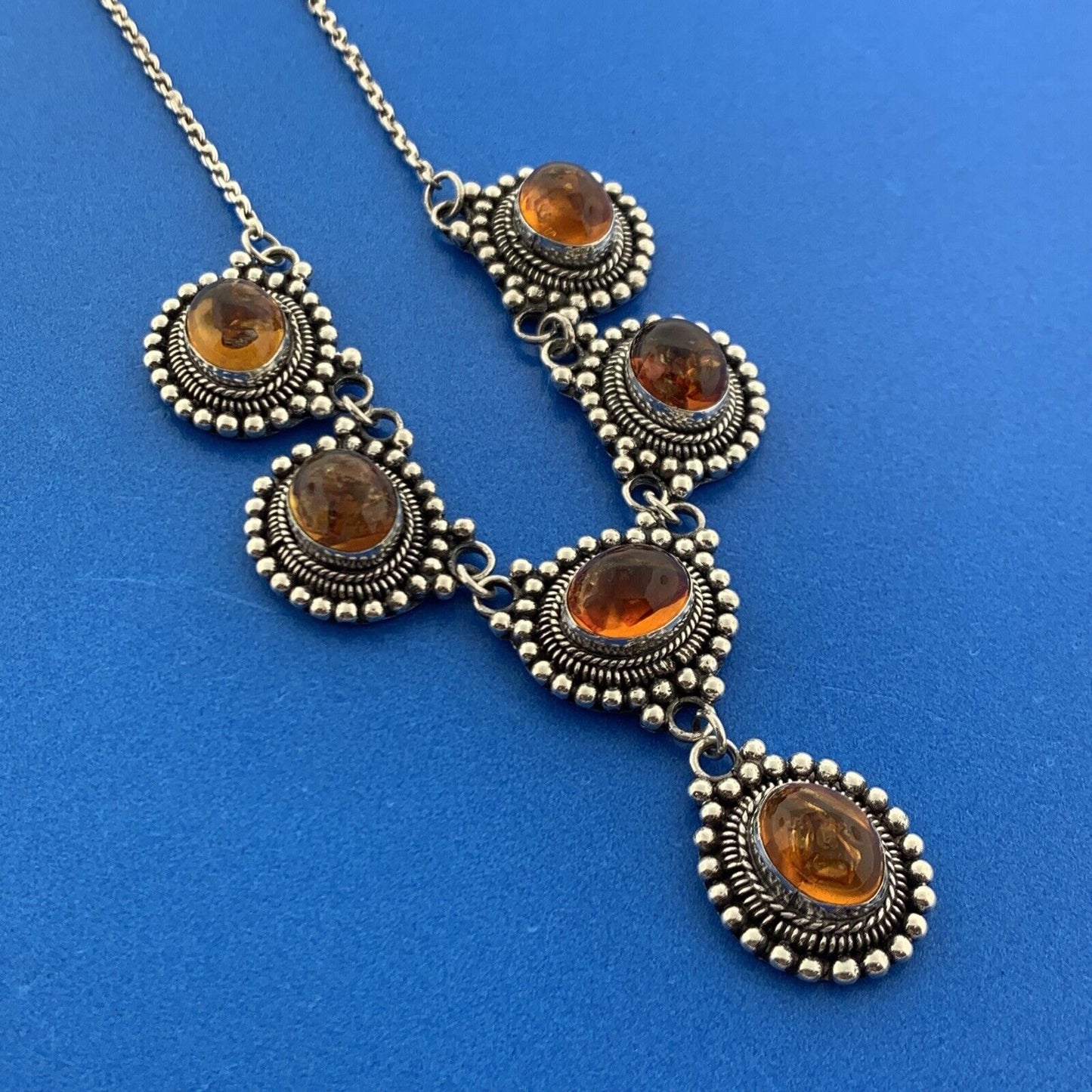 Vintage 925 Sterling Silver Oval Amber Cabochon Bead Work Drop Necklace