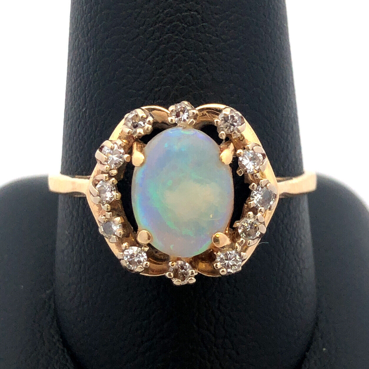 Gorgeous 14k Yellow Gold Cabochon White Light Opal Diamond Halo Ring Size 10.75