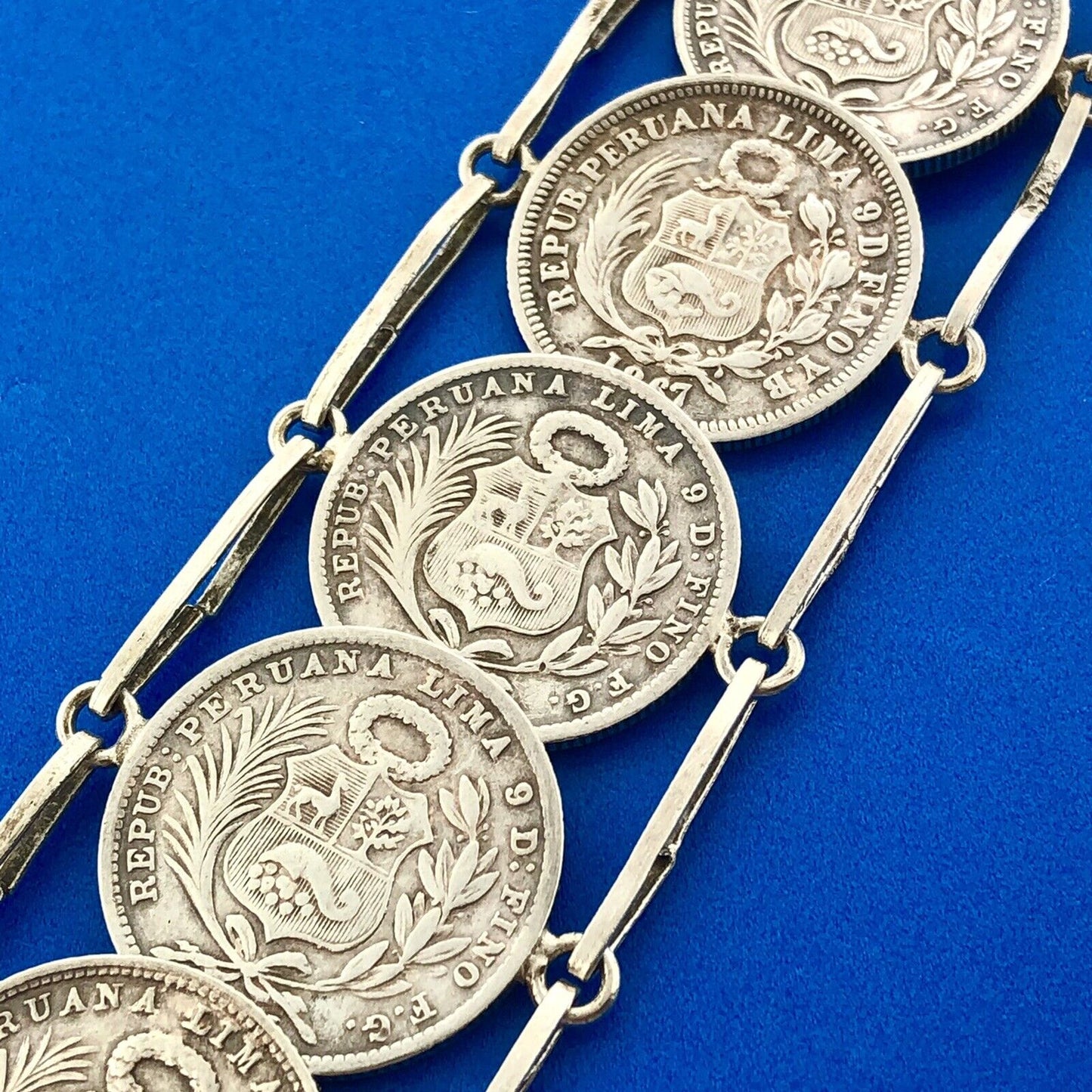 Vintage 925 Sterling Silver 900 Fine Peru 1/5 Sol Eight Coin Panel Bracelet