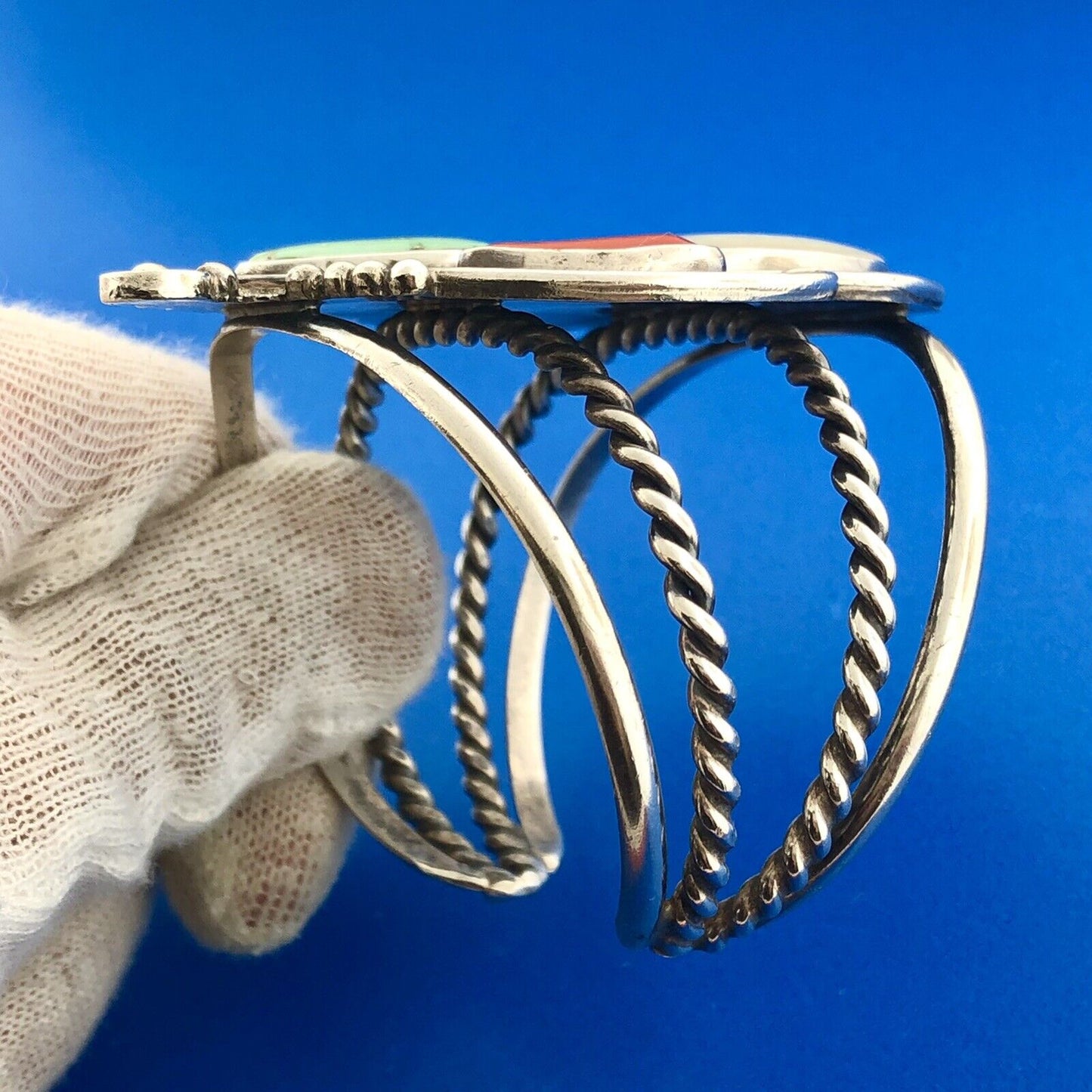 Sterling Silver 925 Mother Of Pearl Turquoise Coral Squash Blossom Cuff Bracelet