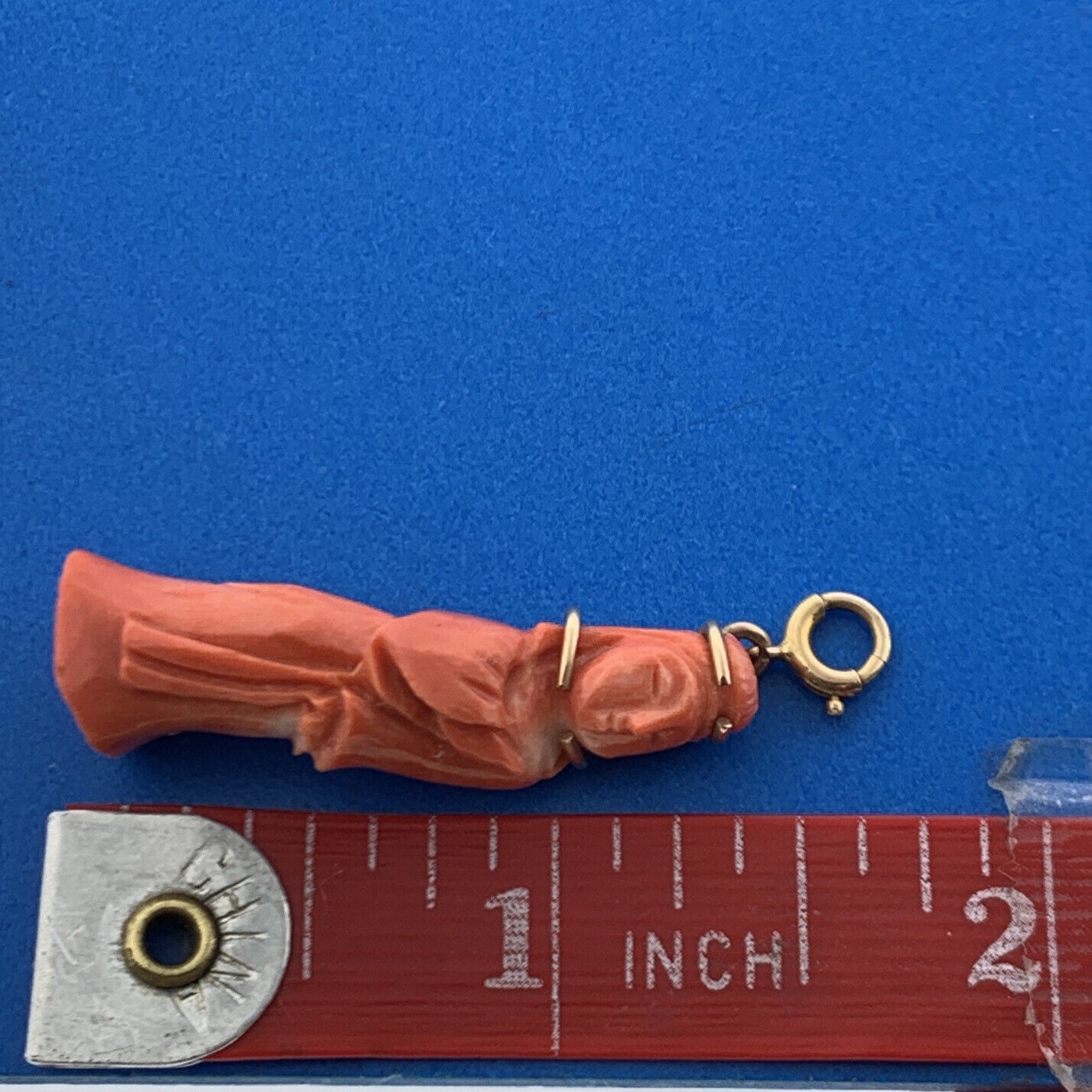 Gorgeous 14k Yellow Gold Carved Coral Chinese Eastern Wise Man Dangle Pendant