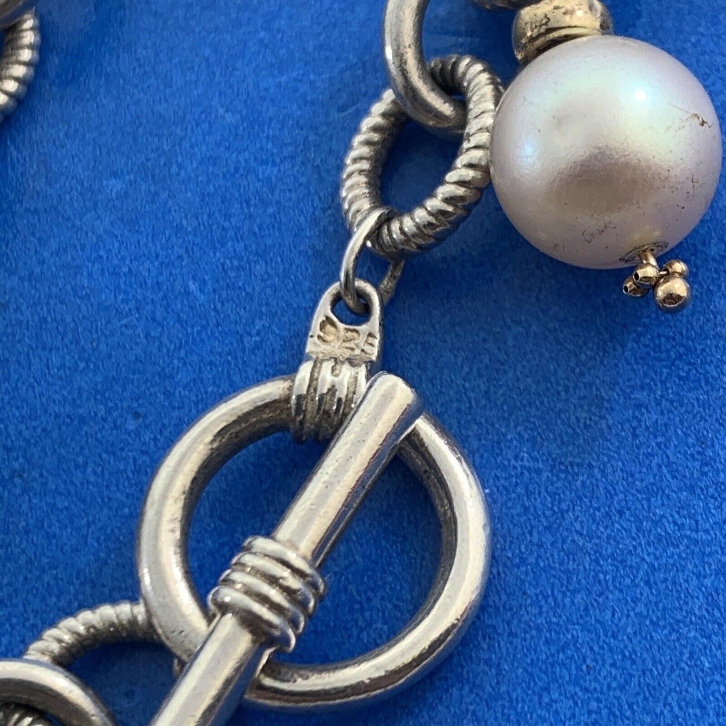 Estate 925 Sterling Silver 14K Gold Accented Pearl Charm Toggle Bracelet