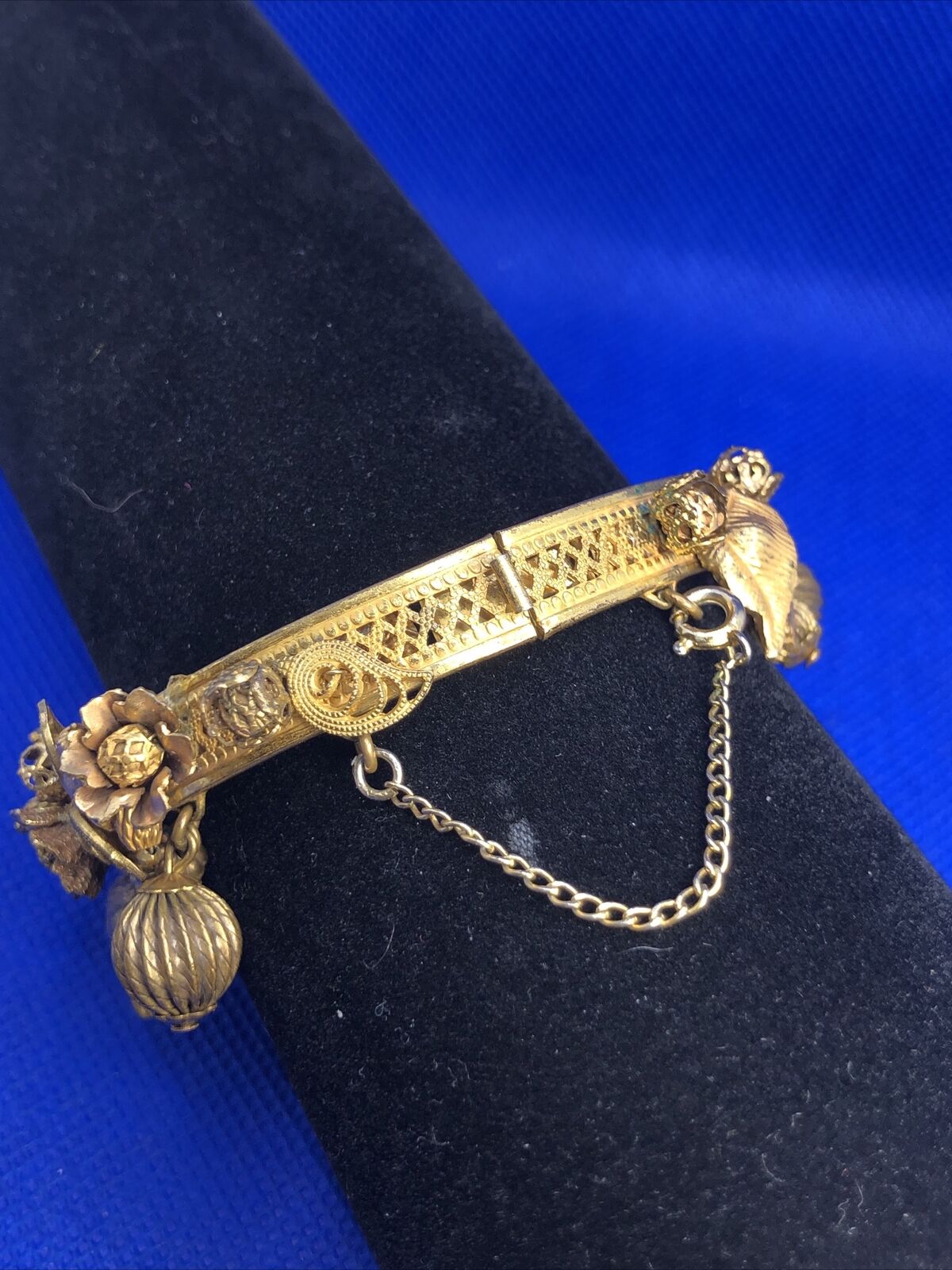 Art Nouveau Gold Tone Floral Theme Dangle Charm Hinged Cuff Bracelet