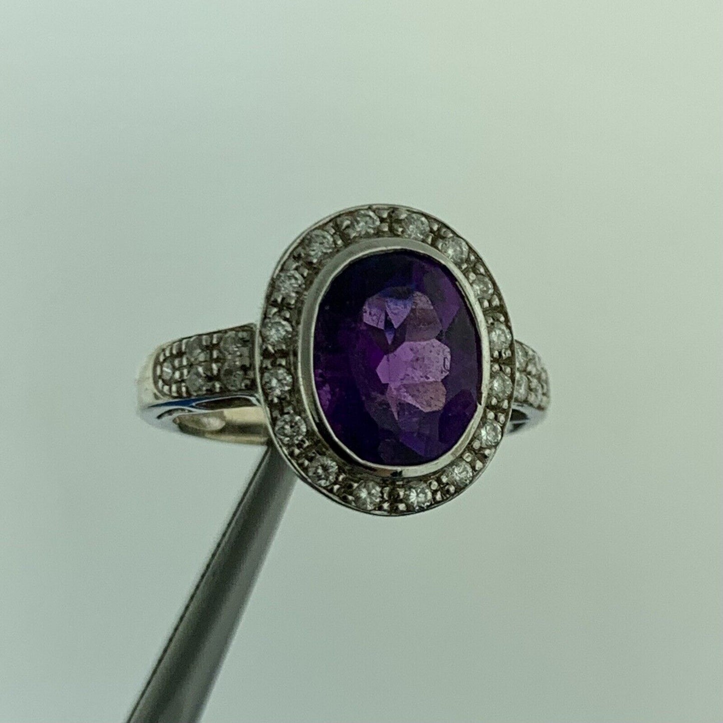 Gorgeous 14k White Gold Oval Purple Amethyst Diamond Halo Accent Ring Size 4.75