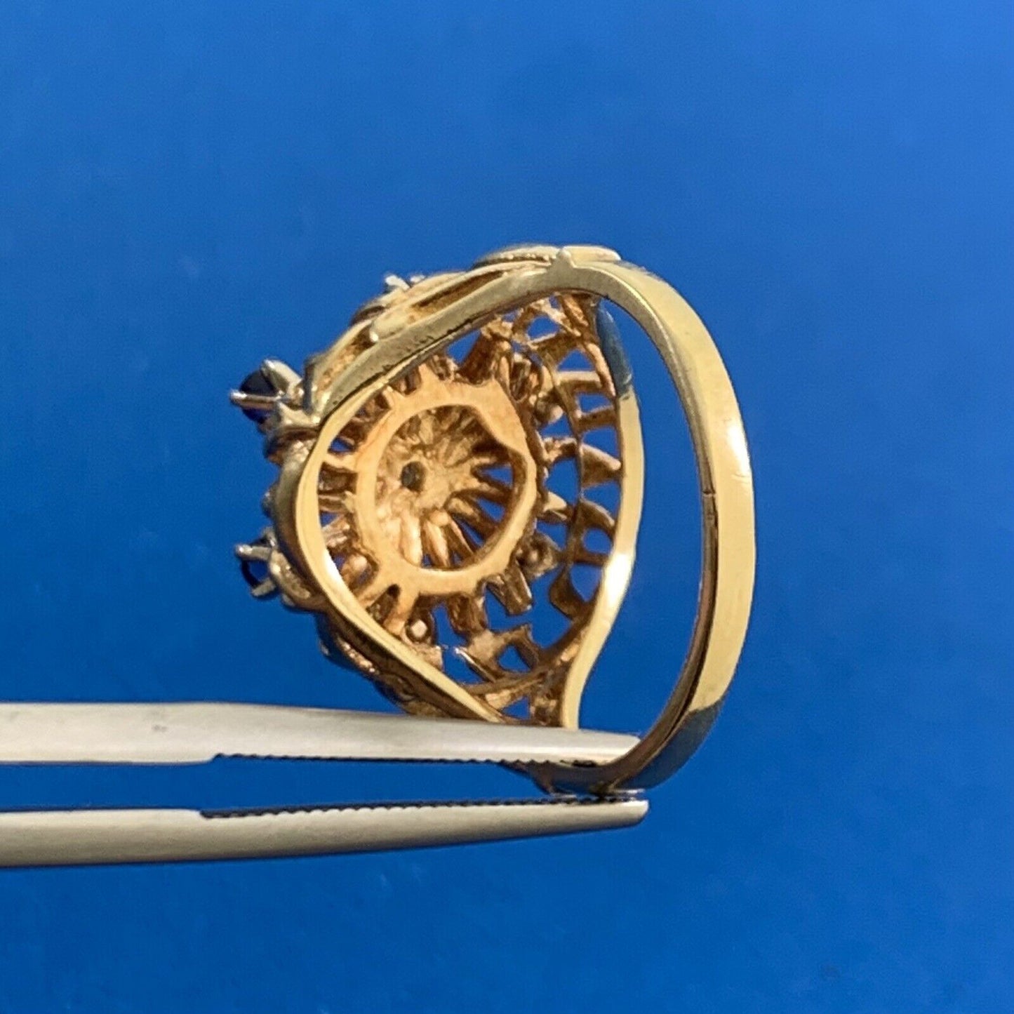 Designer 10K Yellow Gold Sapphire Diamond Starburst Crown Cocktail Ring