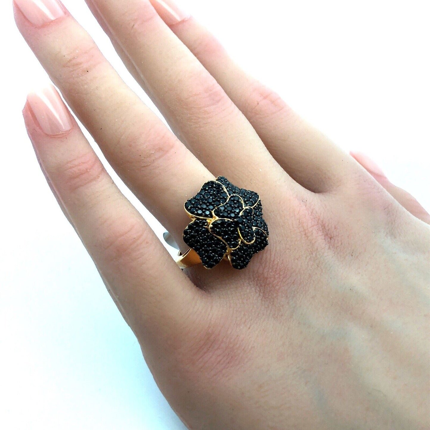 Designer TGGC Sterling Silver Gold Vermeil Black Spinel Flower Statement Ring