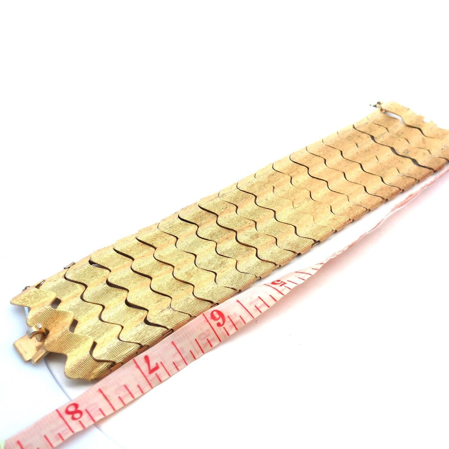 Mid Century Modernist Gold Tone Wave Link Wide Cuff Statement Bracelet