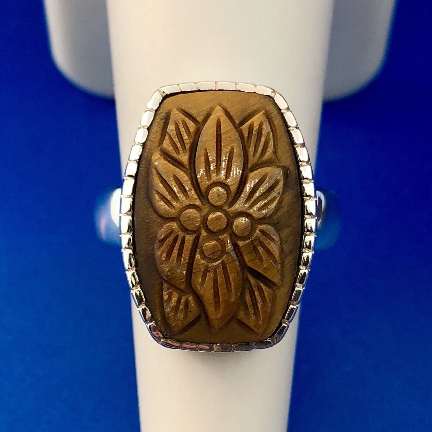 Whitney Kelly WK 925 Sterling Silver Floral Carved Tiger Eye Statement Ring