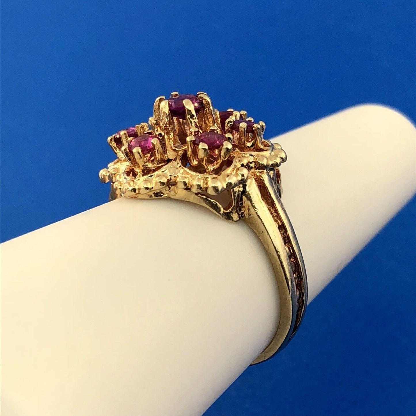 Perfect 14K Yellow Gold Ruby Flower Cluster July Anniversary Sweetheart Ring