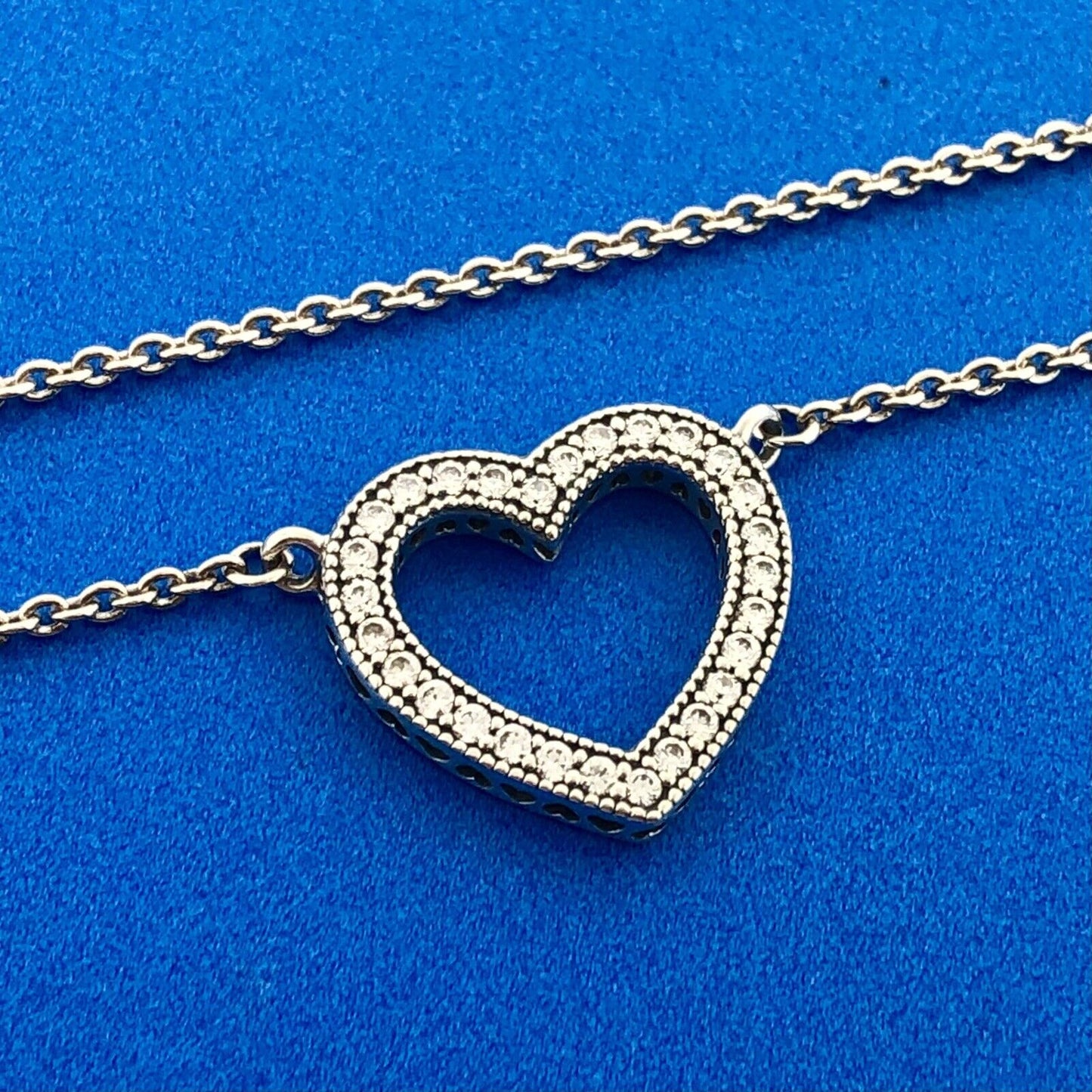 Designer PANDORA ALE Sterling Silver 925 CZ Sparkling Open Heart 17.5" Necklace
