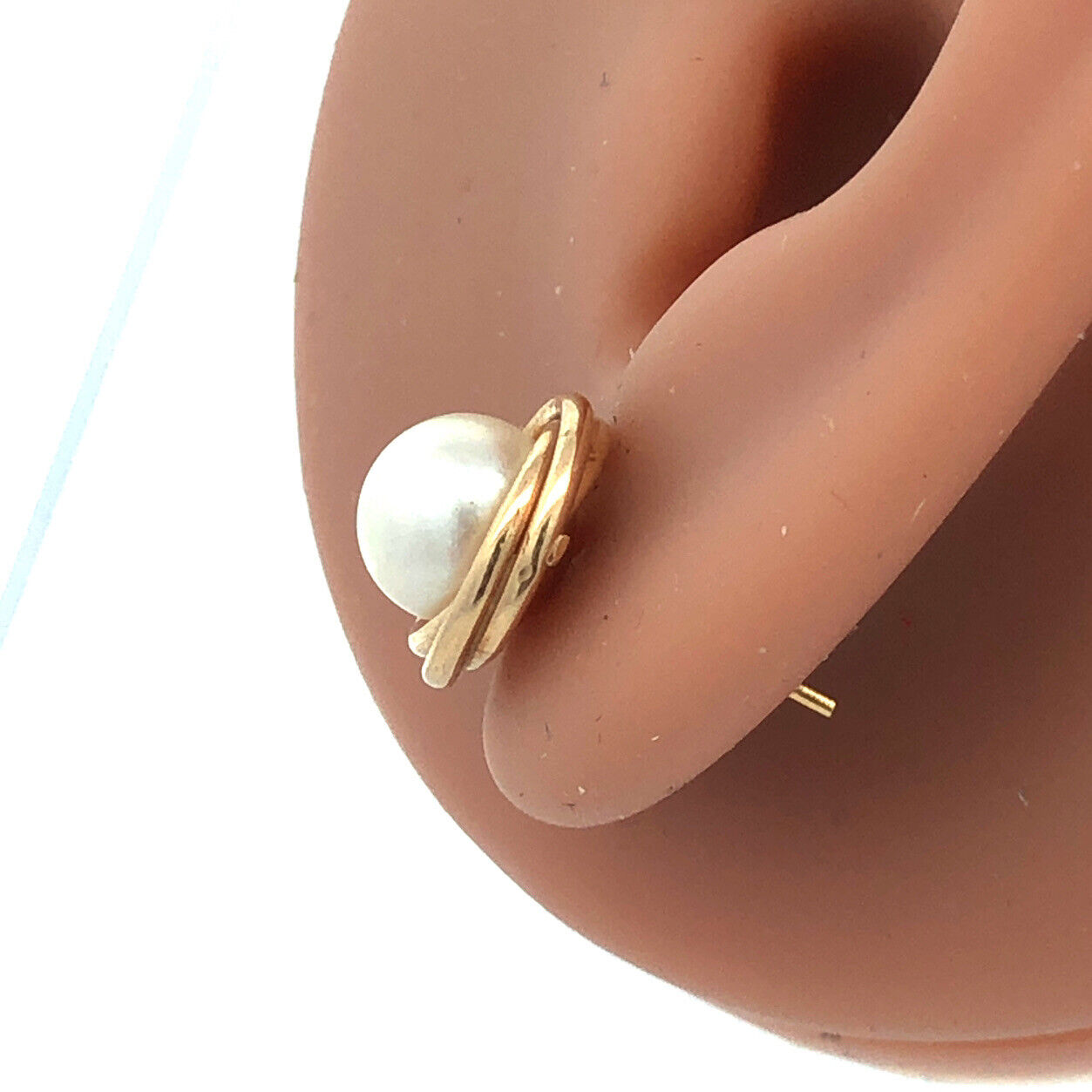 Vintage 14K Yellow Gold Pearl Modernist Bird Nest Stud Earrings