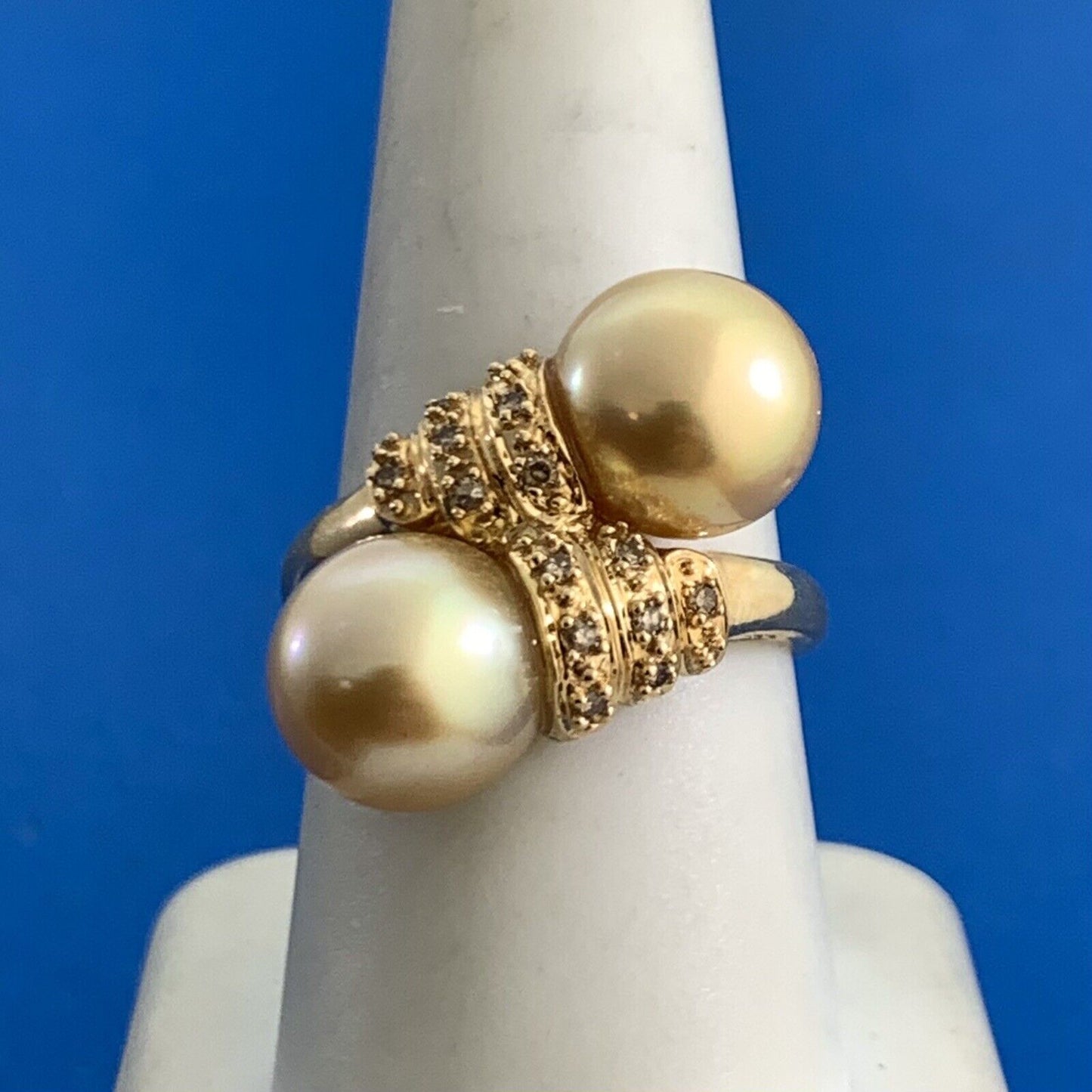 Designer 14K Yellow Gold Champagne Pearl Diamond Accented Bypass Cocktail Ring