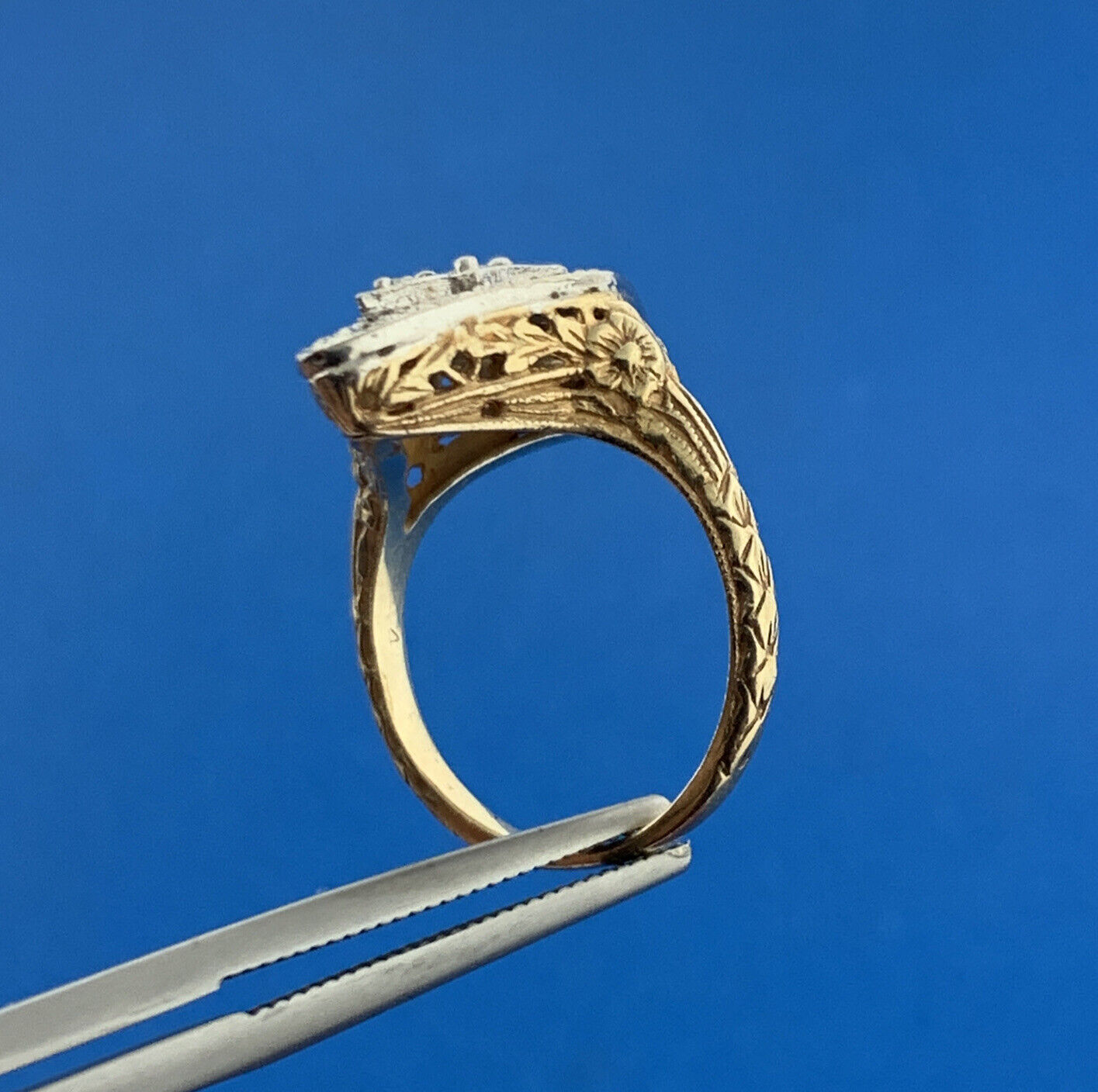 Art Deco 14K Yellow White Gold Diamond Open Work Filigree Cocktail Ring