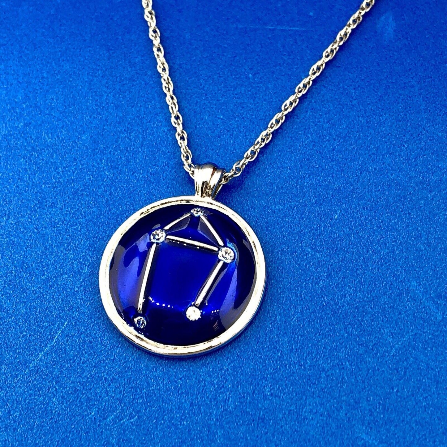 BGE Sterling Silver 925 Blue Enamel Cubic Zirconia LIBRA Constellation Necklace