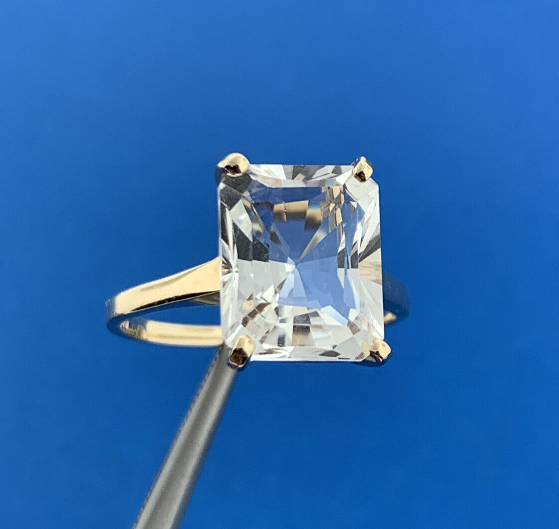 Designer 10K Yellow Gold Emerald Cut White Topaz Solitaire Statement Ring
