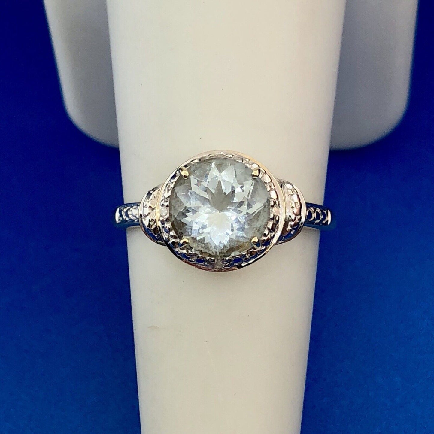Designer 10K Yellow White Gold Aquamarine Diamond Accent March Anniversary Ring