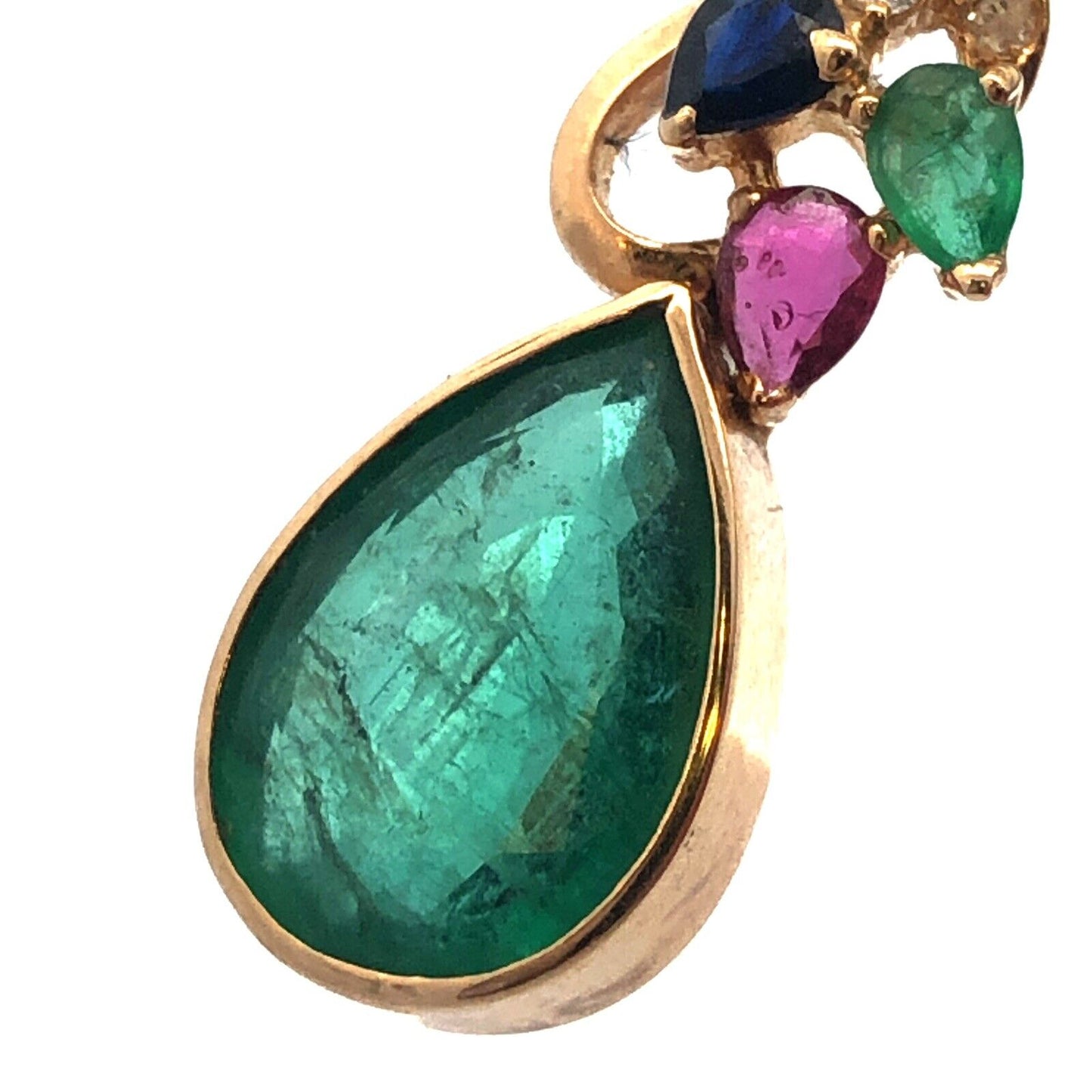 14K Yellow Gold Pear Emerald Sapphire Ruby Diamond Statement Pendant