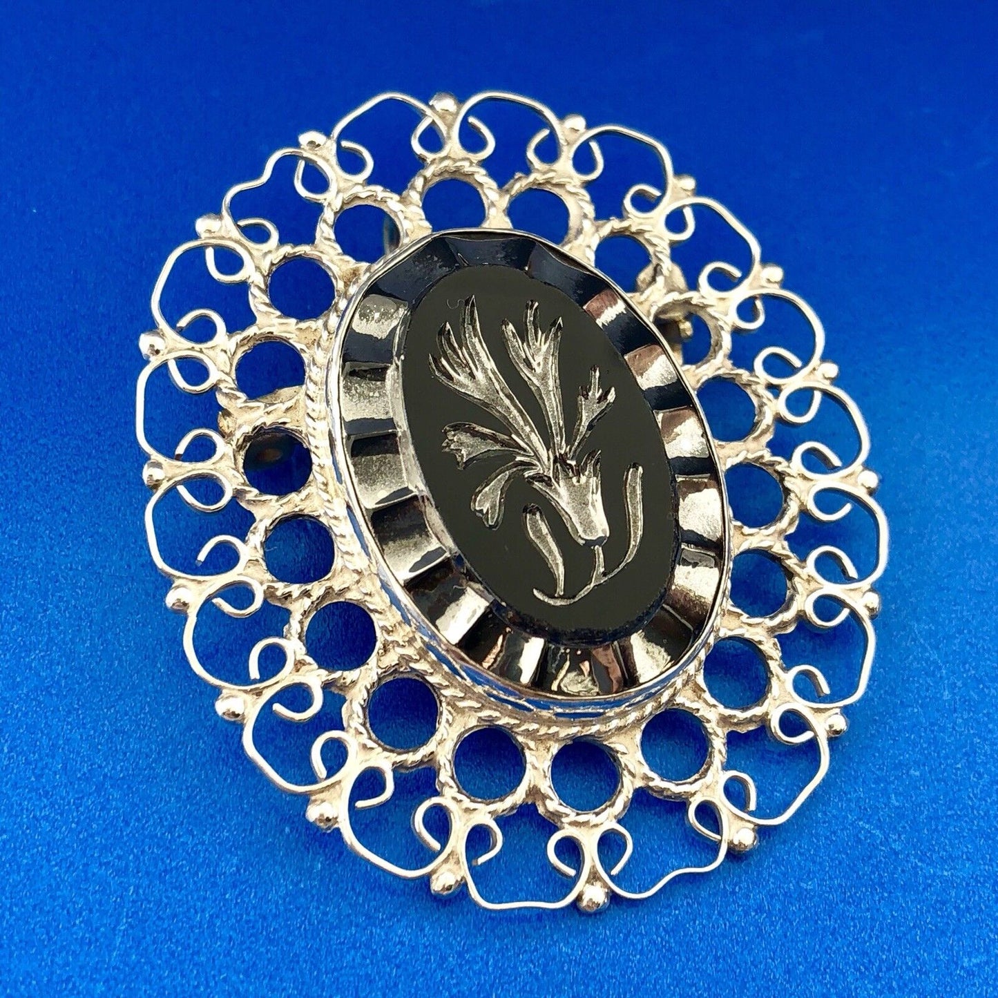 Plata De Jalisco Mexico Sterling Silver Black Intaglio Glass Pin Brooch Pendant