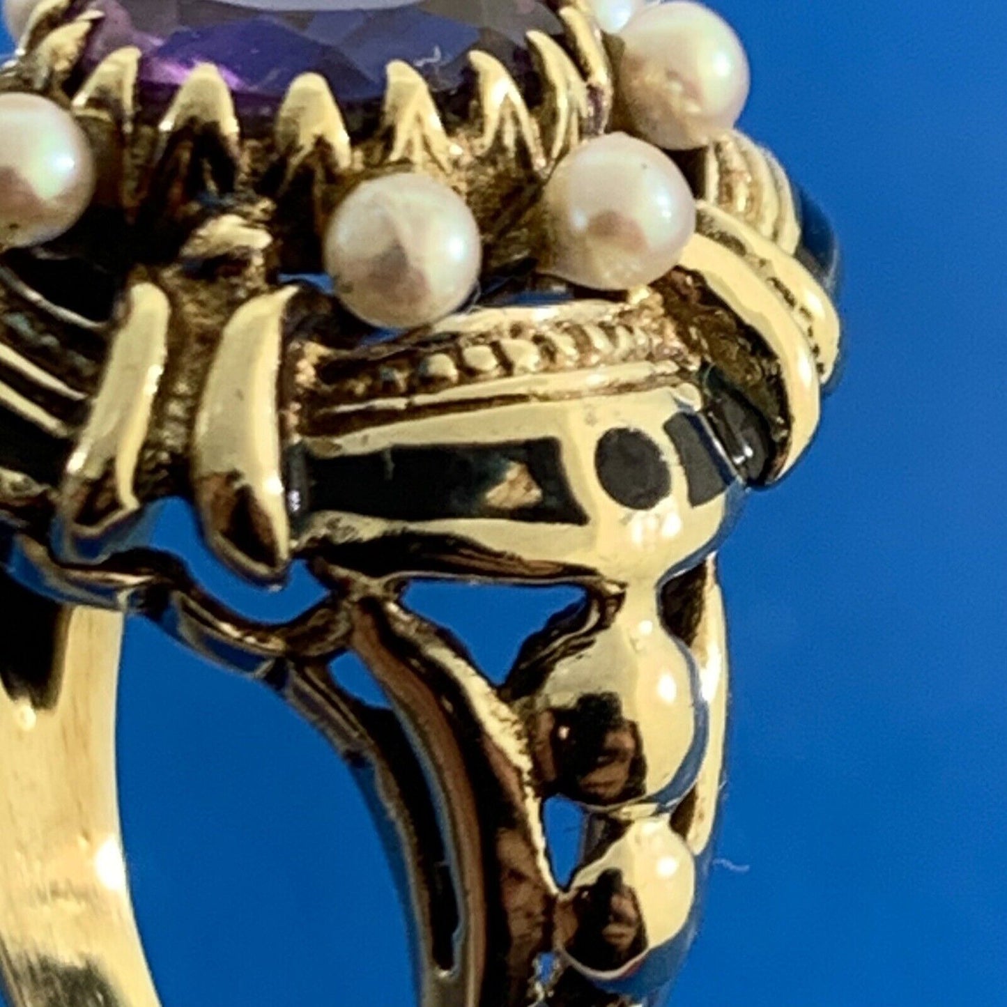 Art Nouveau 14K Yellow Gold Oval Amethyst Pearl Black Enamel Cocktail Ring
