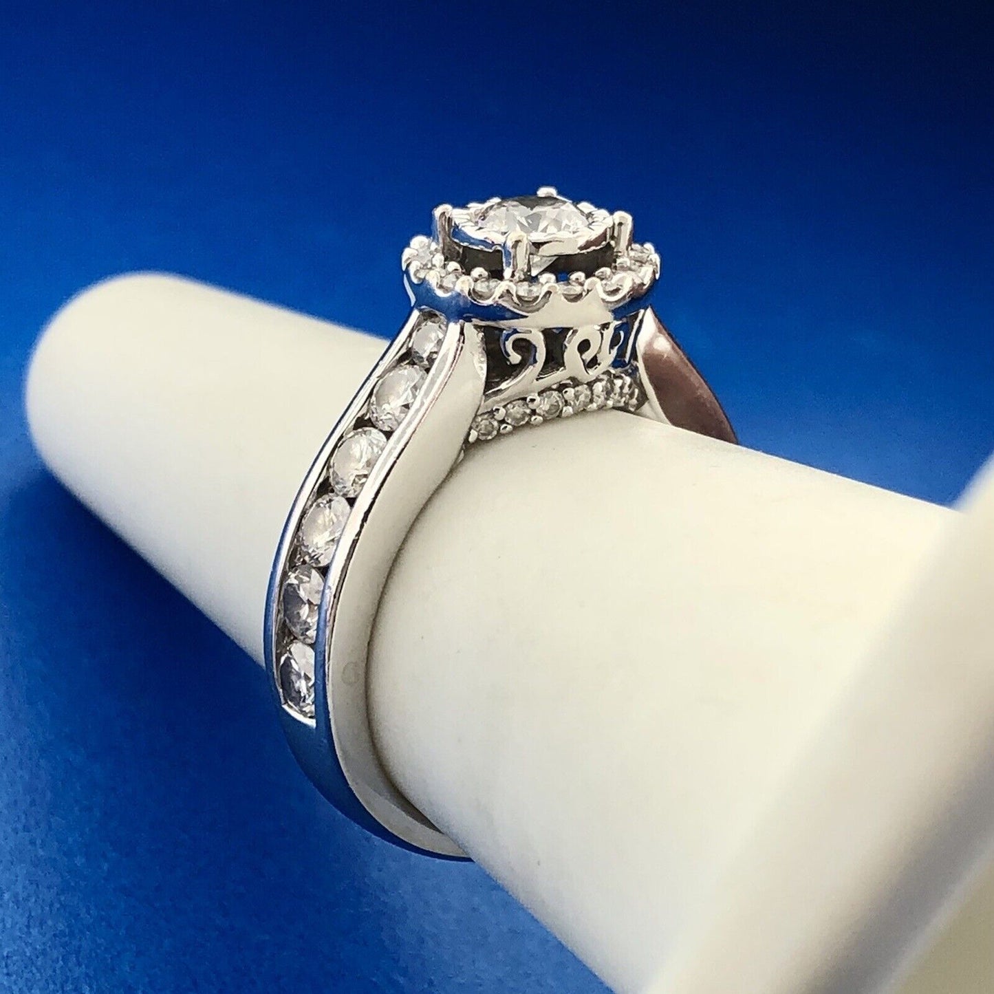 Designer ZEI 14K White Gold Diamond Solitaire Halo Accent Engagement Ring