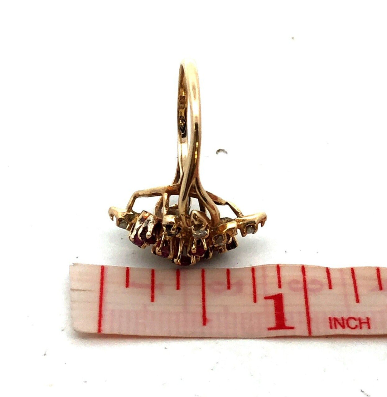 Vintage HJW 14K Yellow Gold Ruby Diamond Cluster Waterfall Cocktail Ring