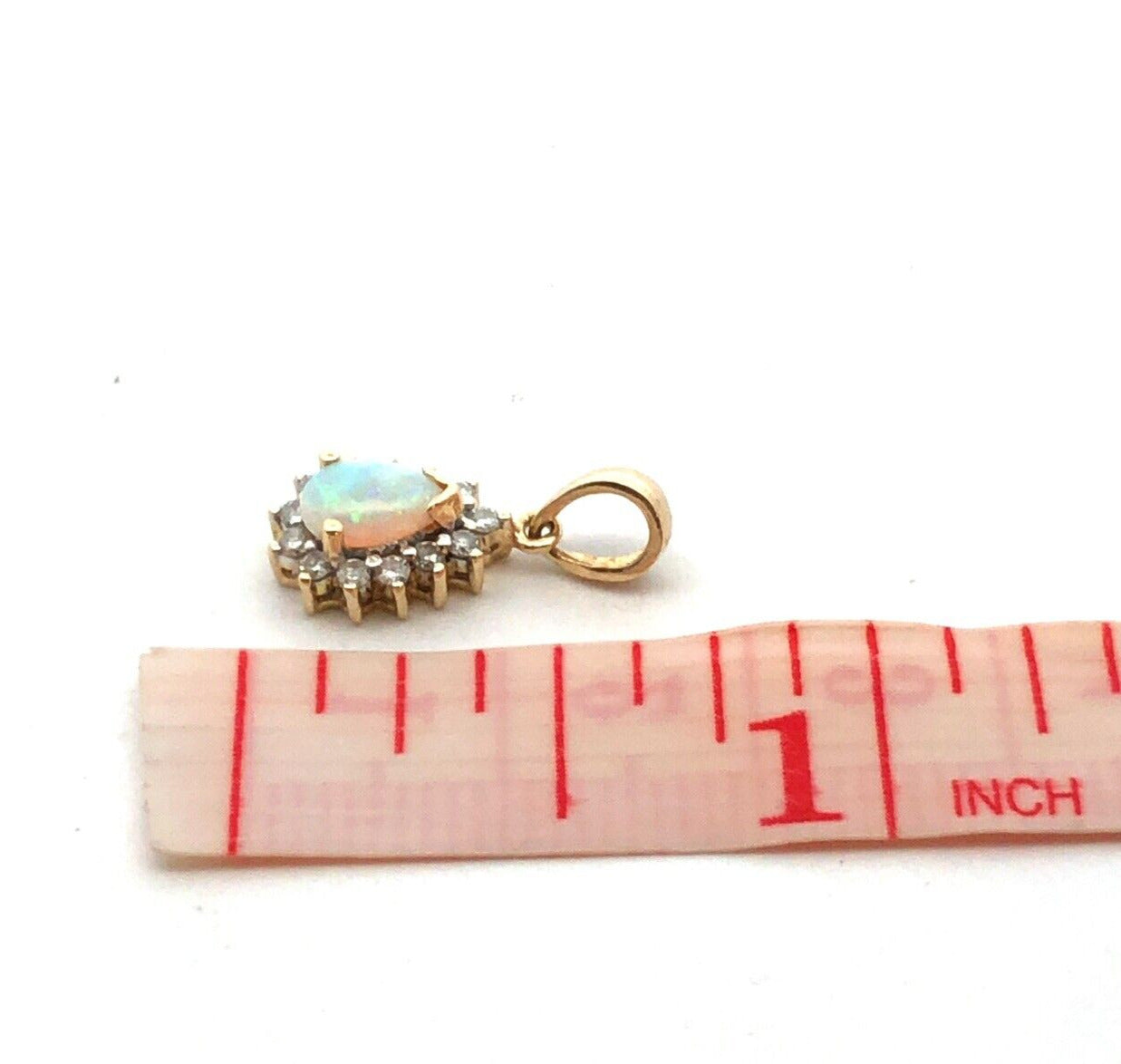 Designer EC 14K Yellow Gold Pear Cut White Opal Diamond Halo Pendant