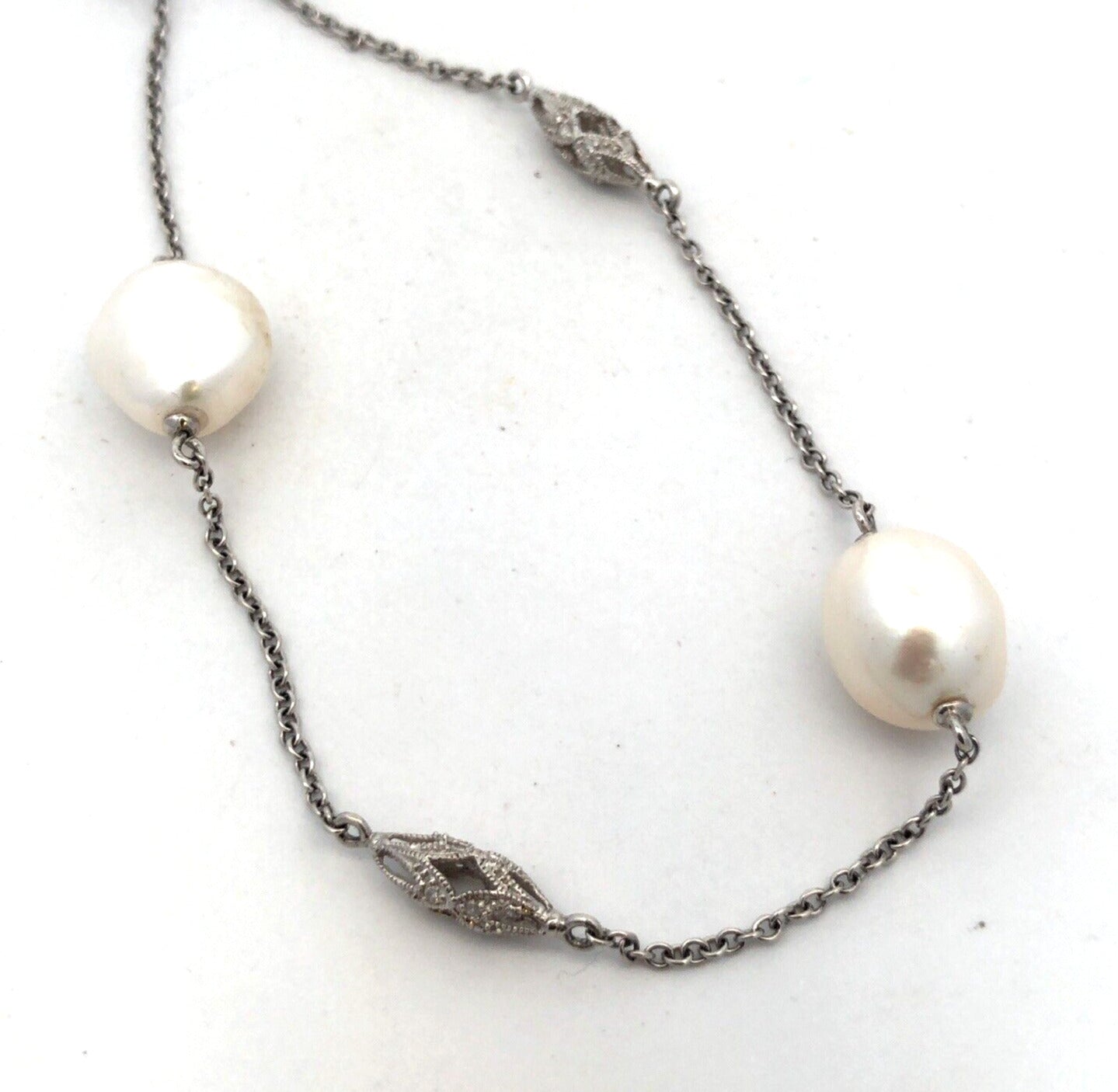Estate 14K White Gold Art Deco Baroque Pearl Diamond Station Beaded Necklace