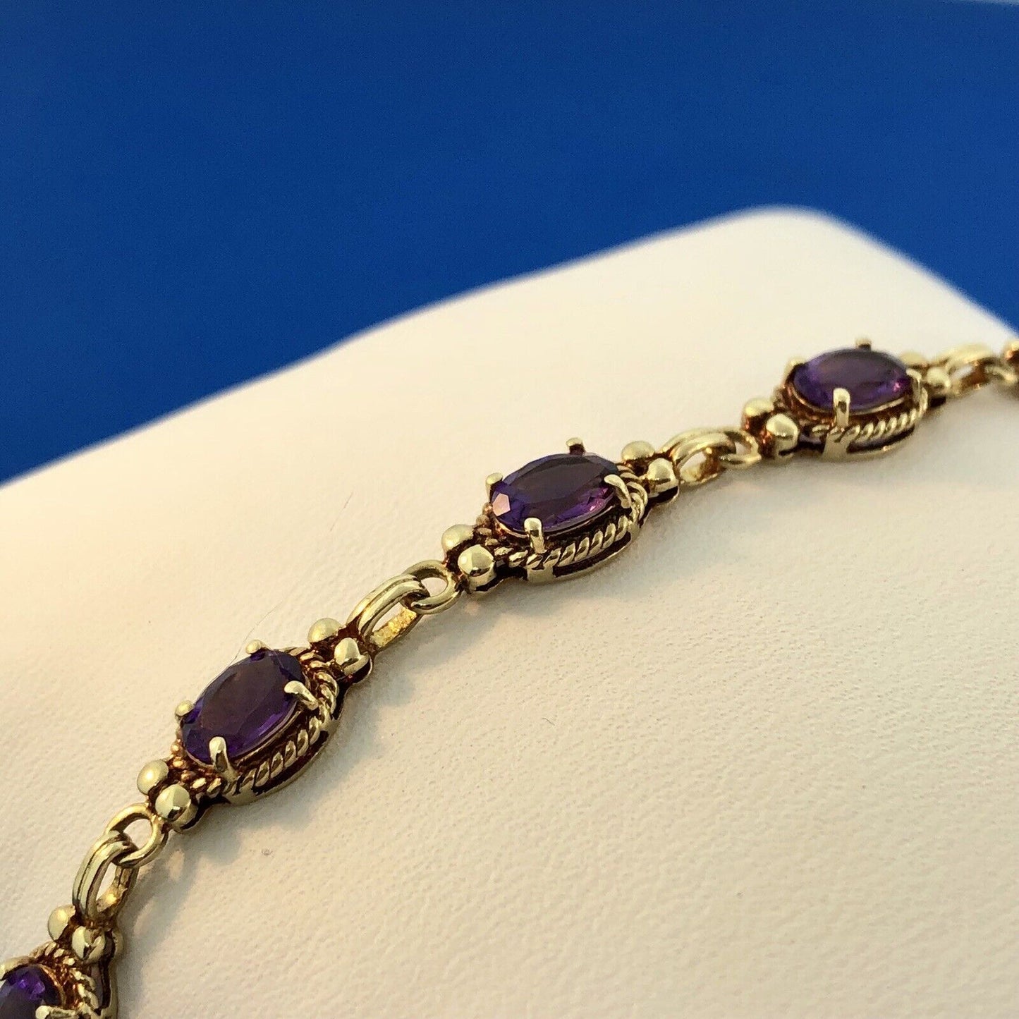 Vintage 10K Yellow Gold Oval Amethyst Panel February Anniversary Tennis Bracelet