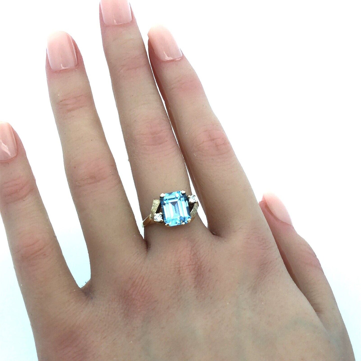 Designer 10K Yellow Gold Emerald Cut Blue Spinel Diamond Engagement Ring