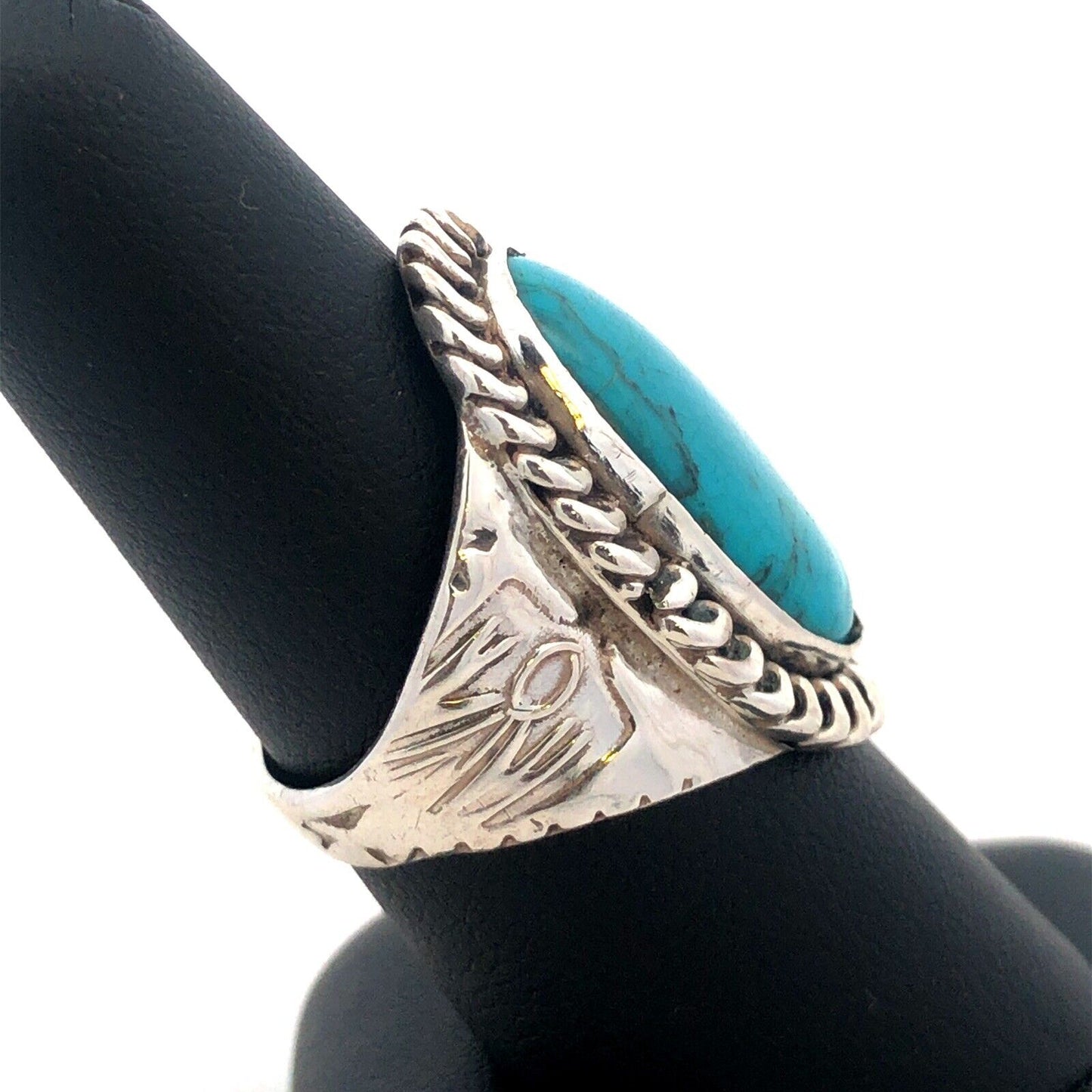Native American Concho 925 Sterling Silver Oval Turquoise Storyteller Ring