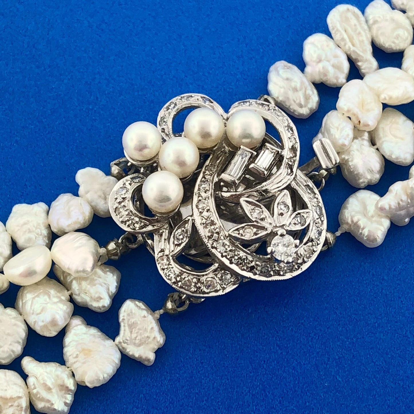 Gorgeous 14k White Gold Diamond Pearl & Keshi Pearl 4 Strand Statement Necklace