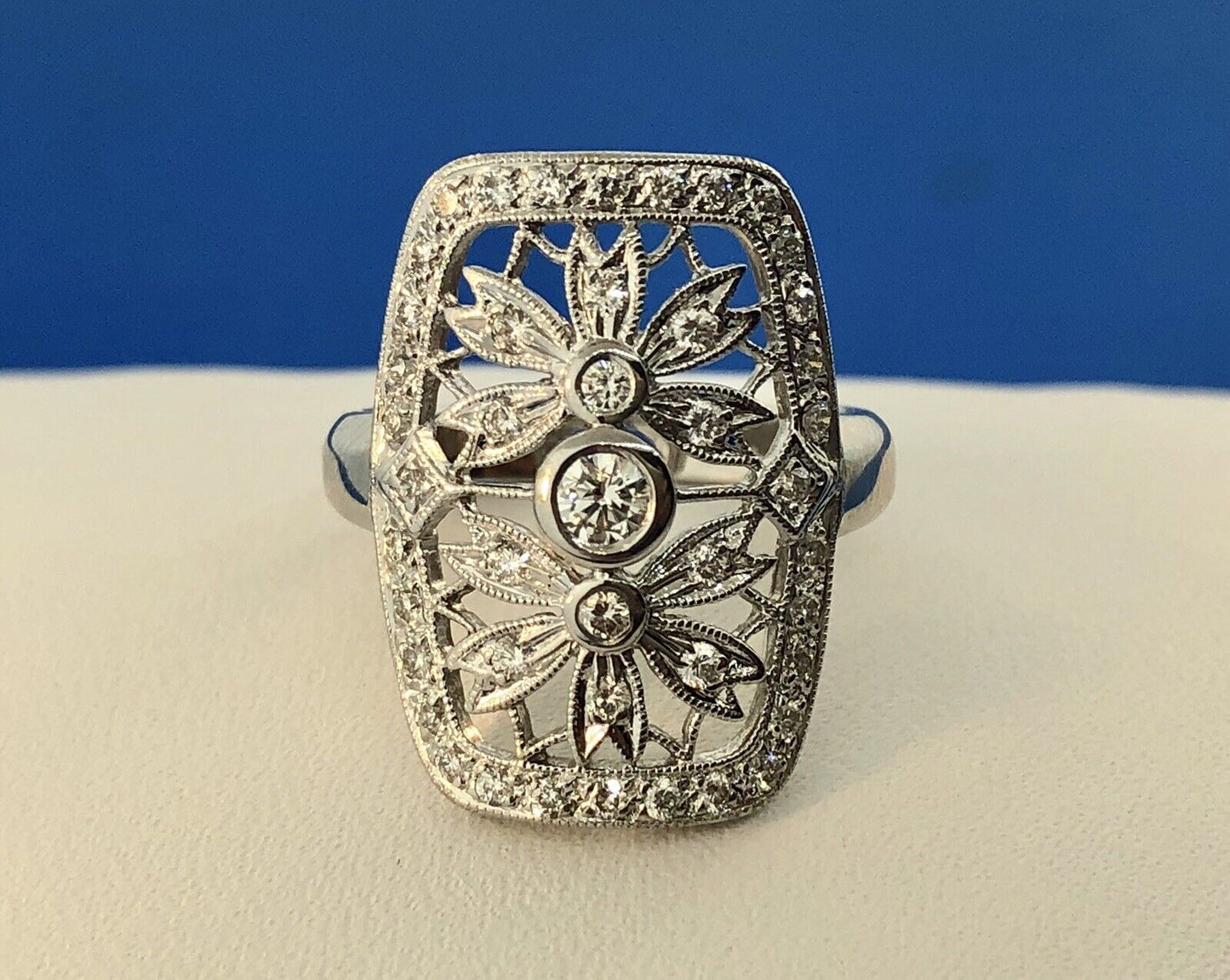 Vintage 18K White Gold Diamond Floral Filigree Statement Finger Ring