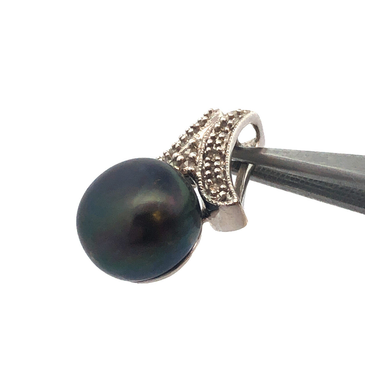 Retro 10K White Gold Black Tahitian Pearl Diamond Slide Charm Pendant