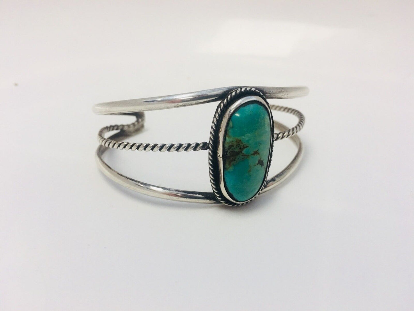 Native American Sterling Silver Oval Green Royston Turquoise Split Cuff Bracelet