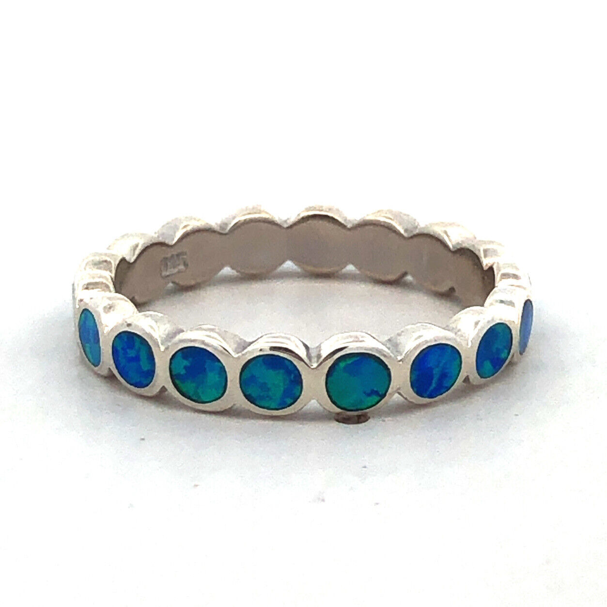 925 Sterling Silver Round Blue Opal Inlay Bubble Stackable Band Ring