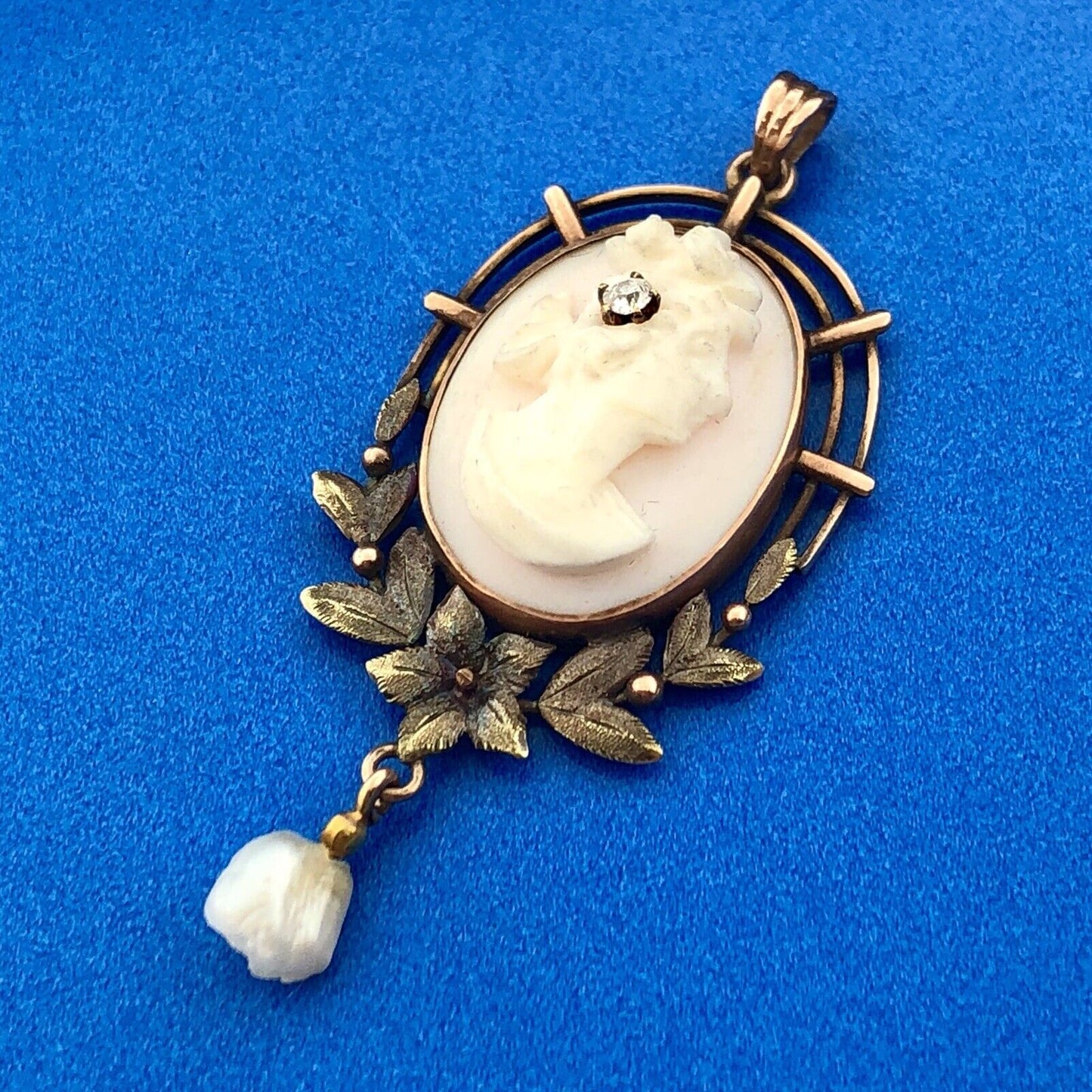 Victorian 10K Rose/Yellow Gold Pink Cameo Pearl Diamond Lavaliere Brooch Pendant