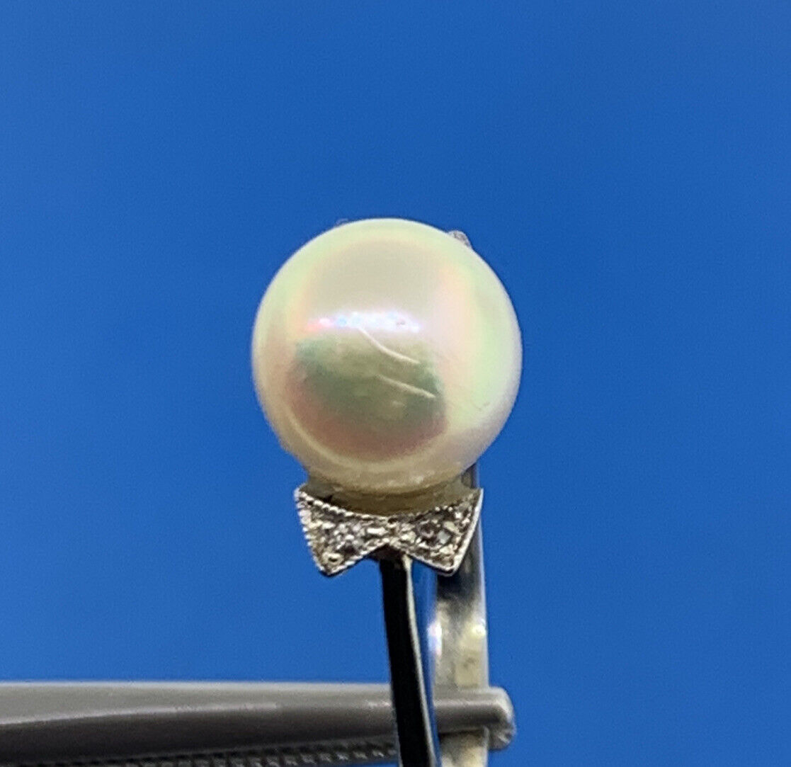 Vintage 18K White Gold Pearl Solitaire Size 6.5 Cocktail Ring