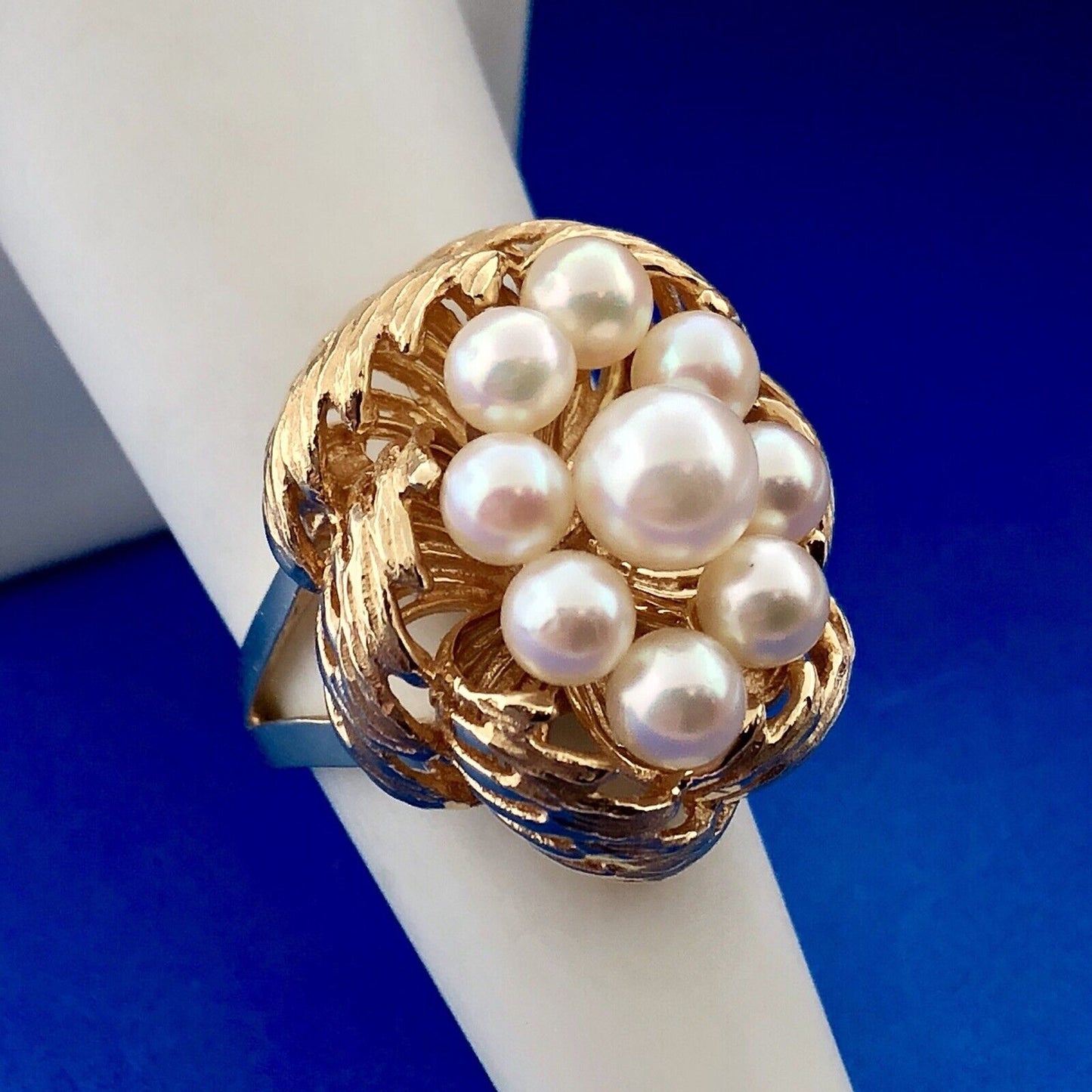 Vintage 14K Yellow Gold 9 Pearl Bird Nest Cluster Statement Cocktail Ring