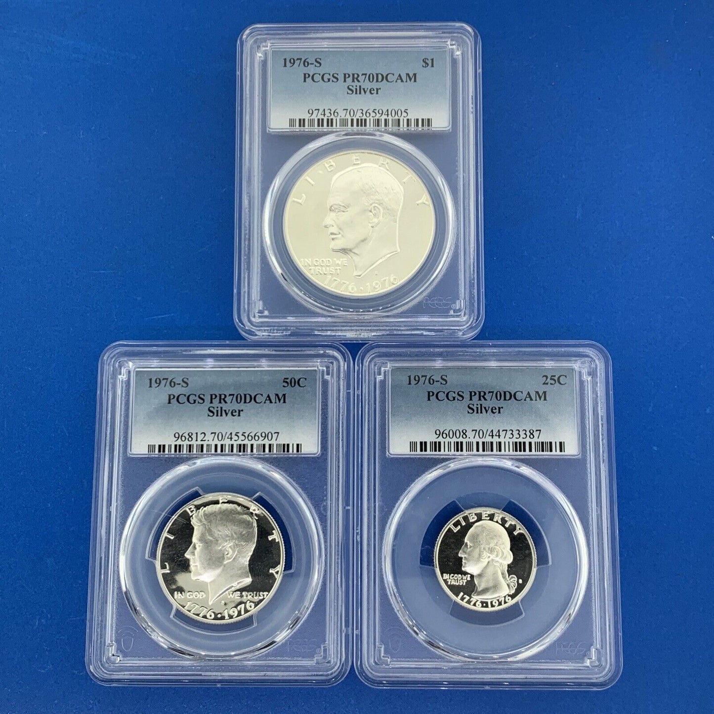 1976 S $1 Eisenhower 50c Kennedy 25c Washington PR70 DCAM PCGS Silver 3 Coin Set