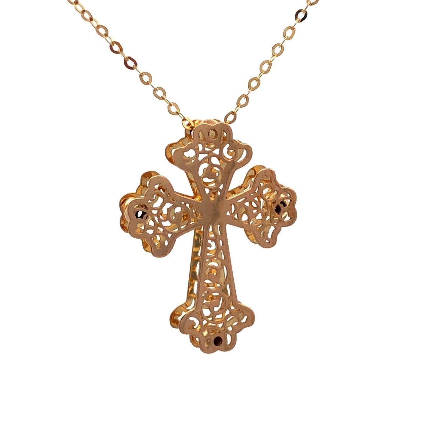 Estate Italy 14K Yellow Gold Open Work Scroll Cross Pendant Necklace