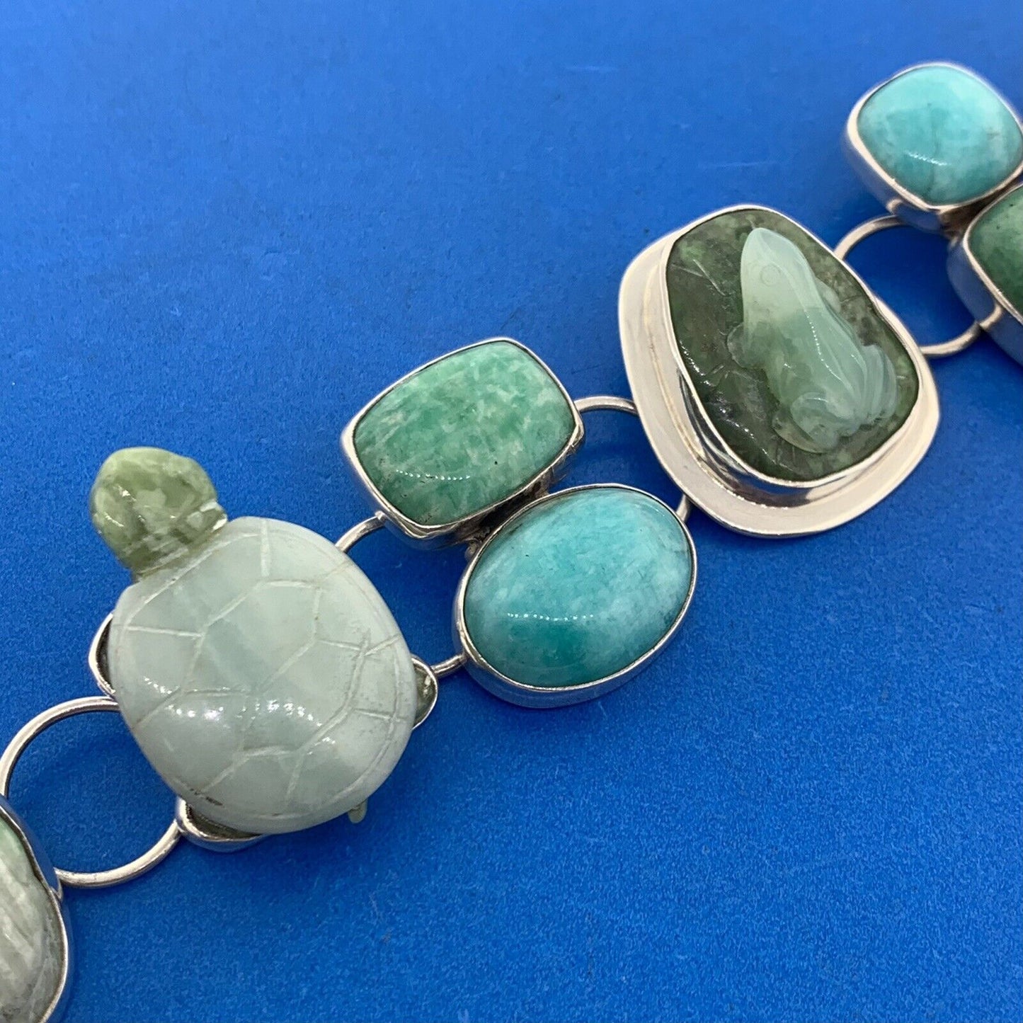Amy Kahn Russell 925 Sterling Silver Mixed Carved Gemstone Statement Bracelet