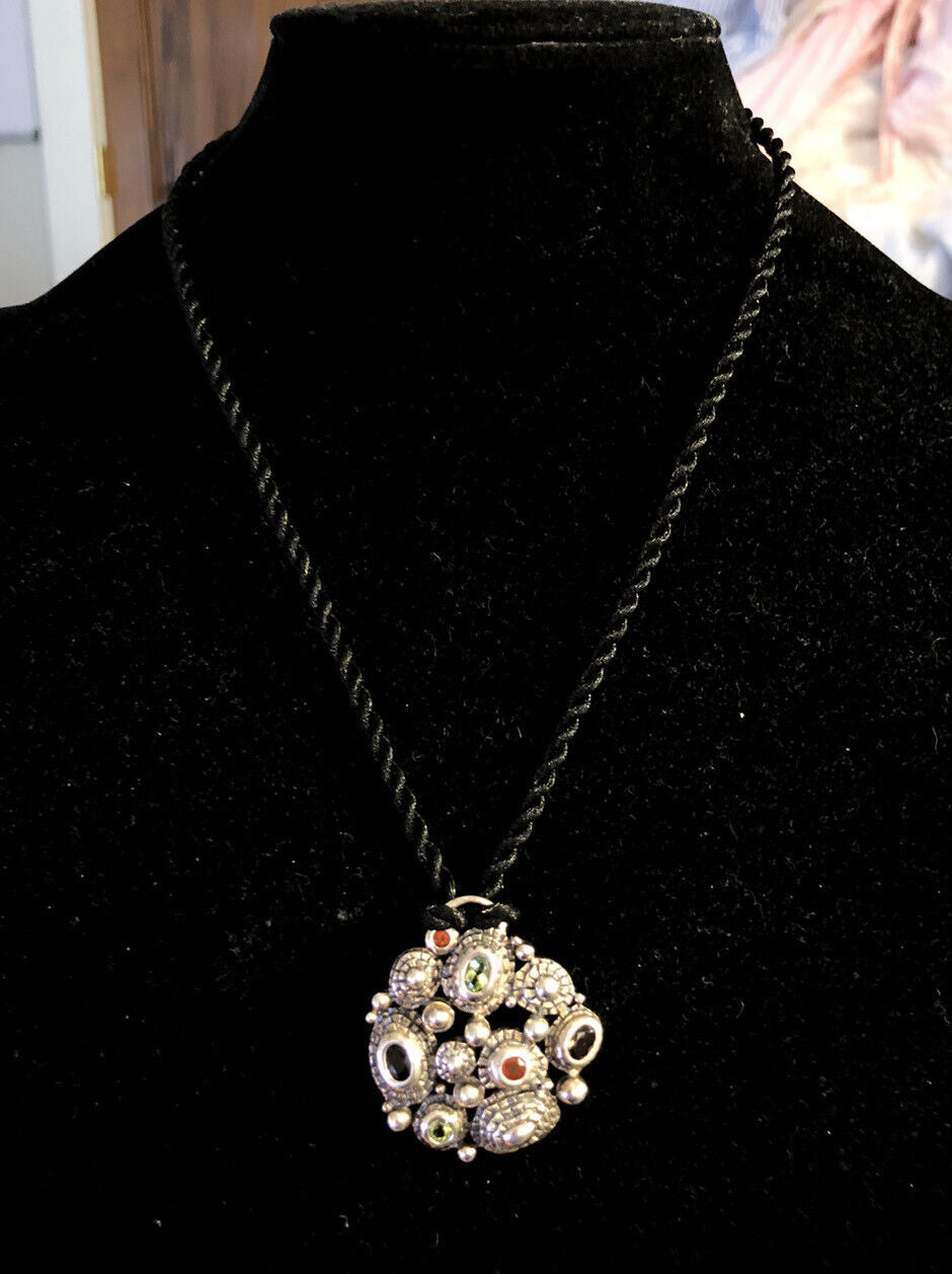 Vintage J 925 Sterling Silver Multi Gemstone Textured Pendant Silk Necklace