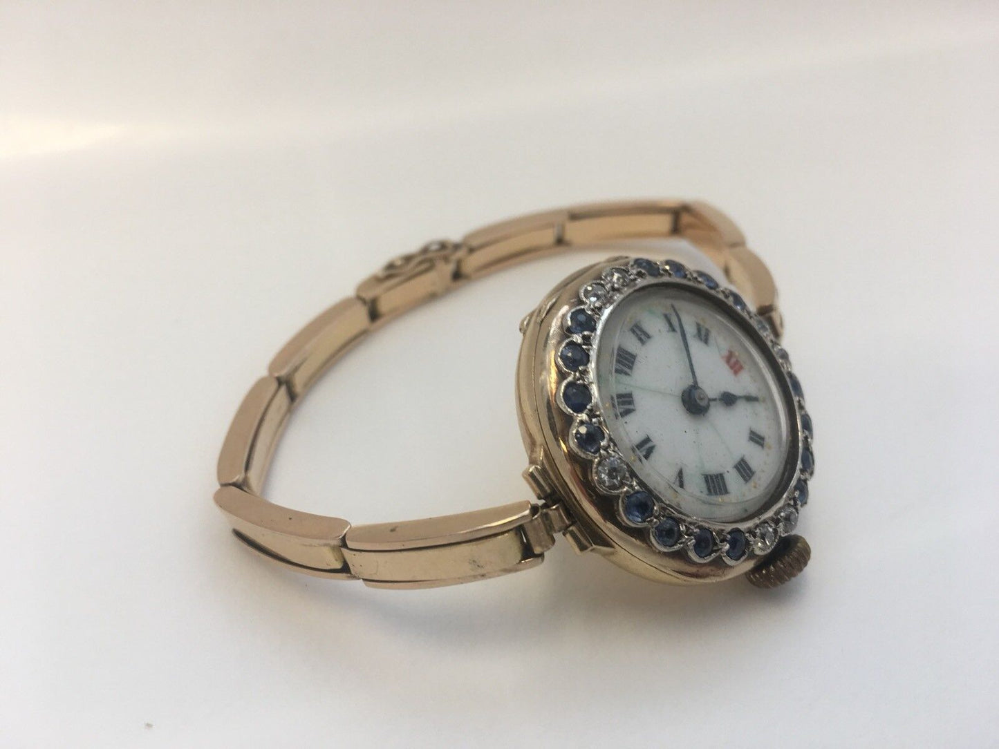 Ladies Vintage Victorian 14K Yellow Gold Diamond Sapphire Watch Adjusting Band