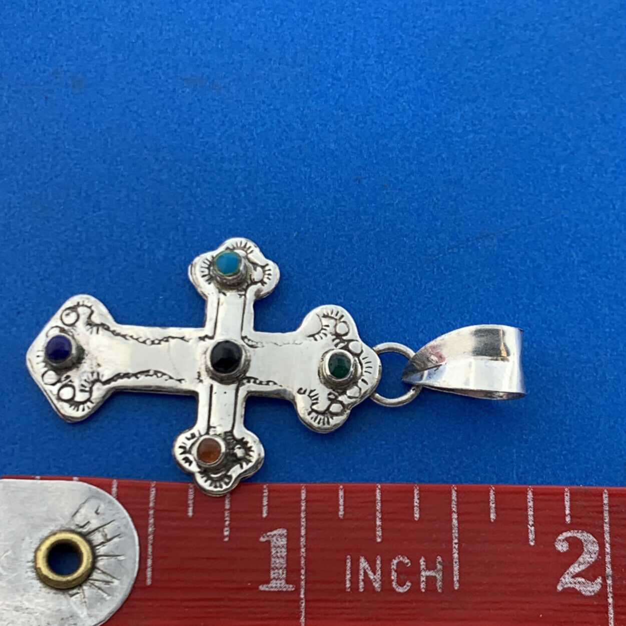 Native American 925 Sterling Silver Concho Style Mixed Gemstone Cross Pendant
