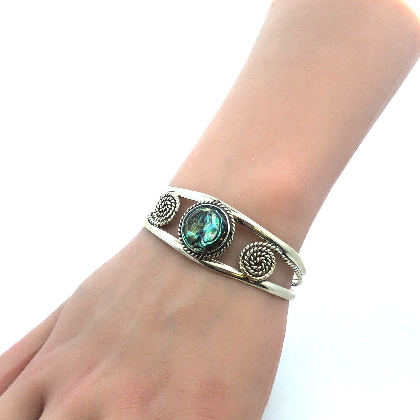 Vintage Mexico Alpaca 925 Sterling Silver Round Abalone Filigree Cuff Bracelet