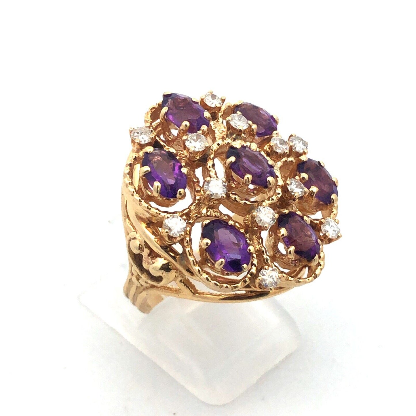Vintage 14K Yellow Gold Amethyst Diamond Statement Anniversary Cocktail Ring