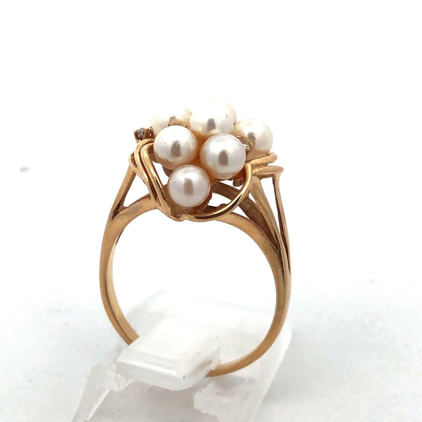 Designer 14K Yellow Gold Pearl Diamond Accented Modernist Cluster Cocktail Ring