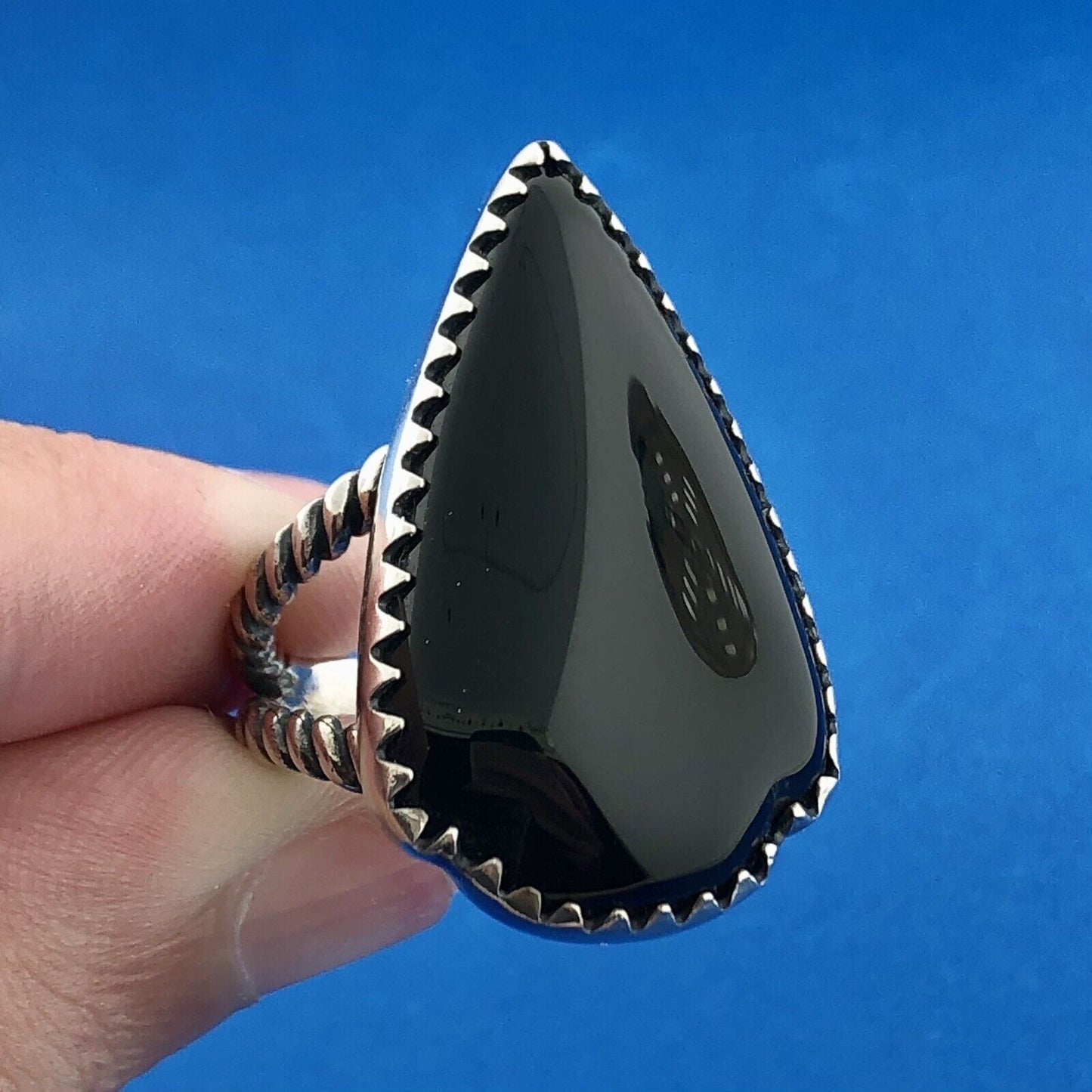 Vintage Sterling Silver 925 Black Onyx Teardrop Cabochon Statement Finger Ring