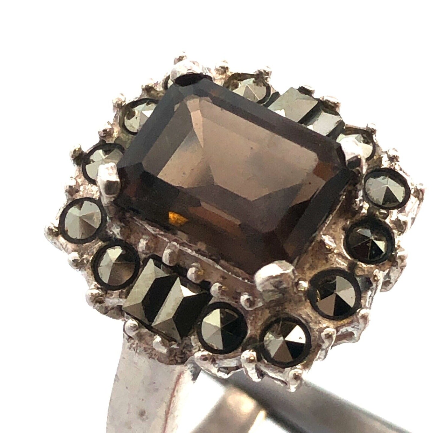 Designer 925 Sterling Silver Emerald Cut Smoky Quartz Hematite Halo Accent Ring